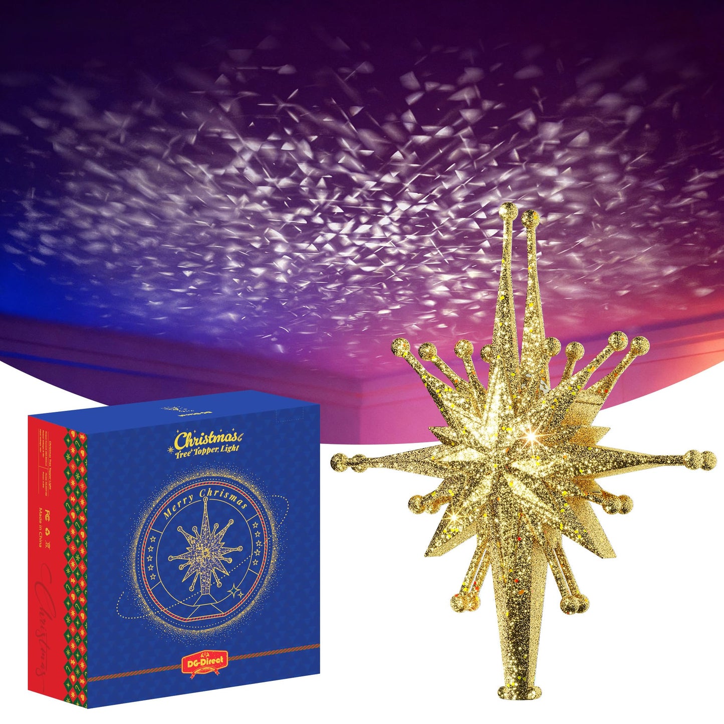 2025 Upgraded Christmas Tree Topper Projector Light with Rotating Bright LED & Wide Coverage, Universal Fit for Any Height Tree, Easy Install, Stable Base, Holiday & Party Decorations (Starlight Gold)