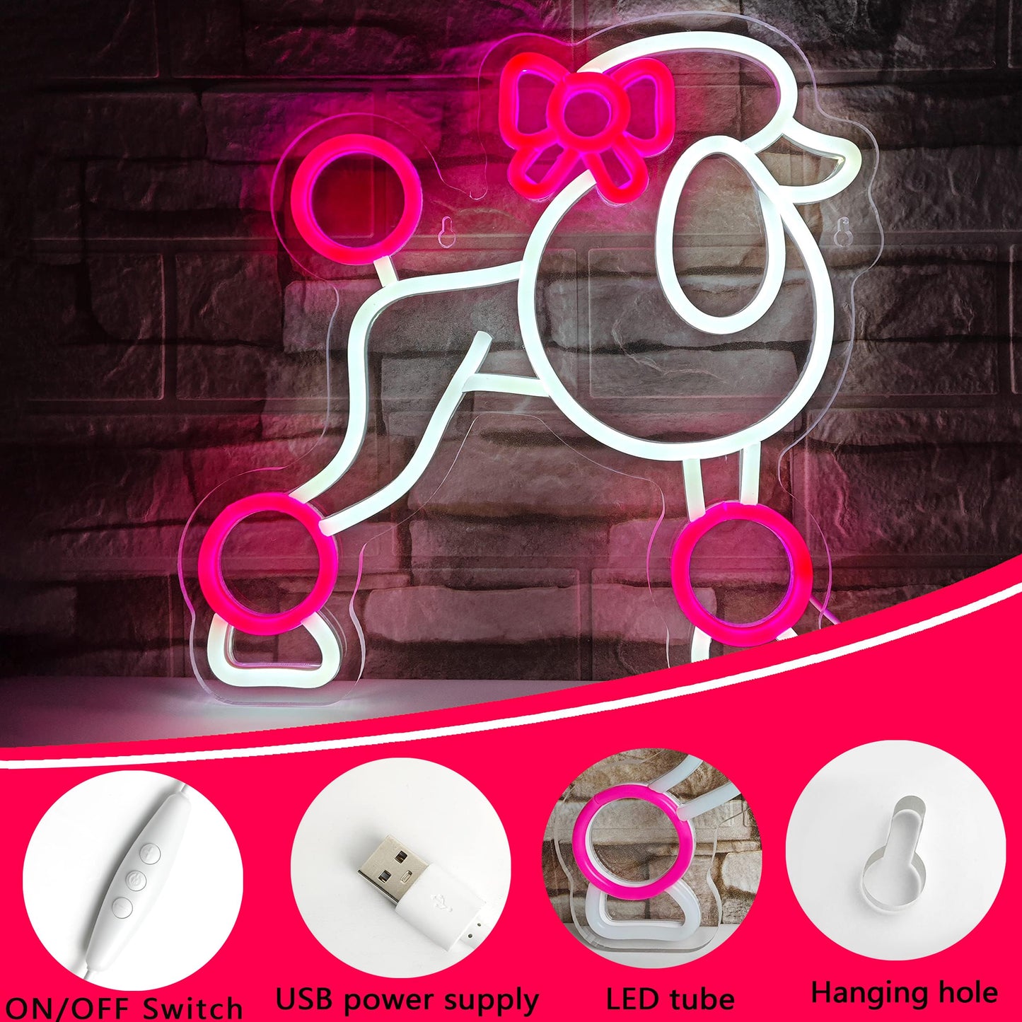 Poodle Neon Sign - Cute Animal Decor for Bedroom, Kids Room, Art Wall - Pink Neon Light Gift for Dog Lovers by JIARODEY