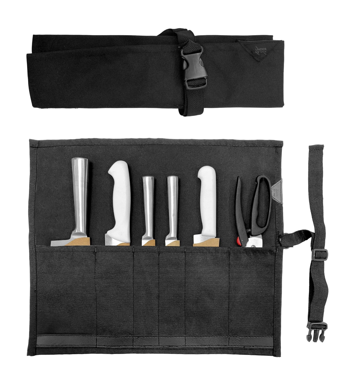 Under NY Sky Knife Roll Case - 6 Slots - Heavy Duty Oxford Canvas Pouch - Leather Reinforced - Portable Bag for Cooking Tools, Utensils, Cutlery Knives, Brushes - Chefs, Kitchen, Travel, Gift - Black
