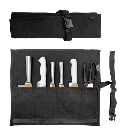 Under NY Sky Knife Roll Case - 6 Slots - Heavy Duty Oxford Canvas Pouch - Leather Reinforced - Portable Bag for Cooking Tools, Utensils, Cutlery Knives, Brushes - Chefs, Kitchen, Travel, Gift - Black