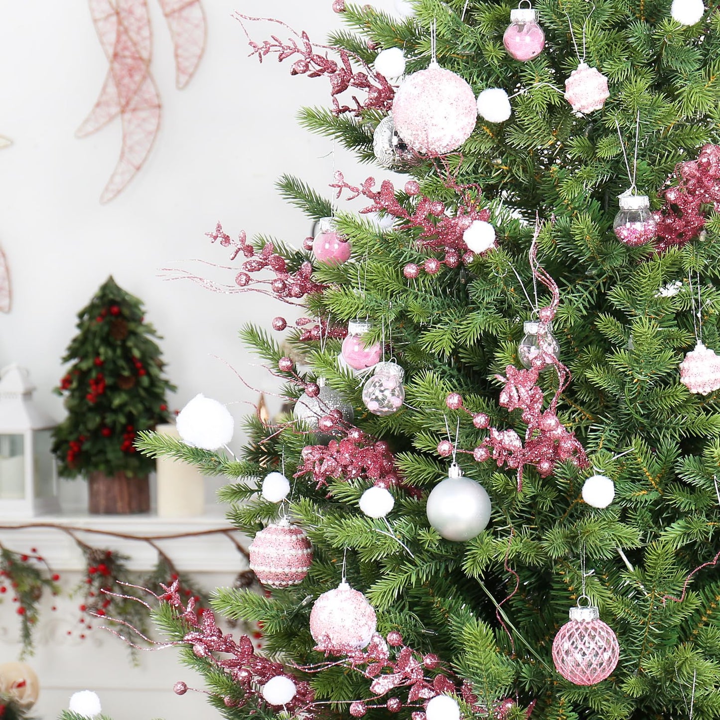 24 Pack Christmas Tree Decorations Picks and Sprays, Christmas Ornaments Artificial Glitter Berry Stems Branches Picks Twigs for Xmas Tree Vase Filler Home Holiday Decor (Pink-A)