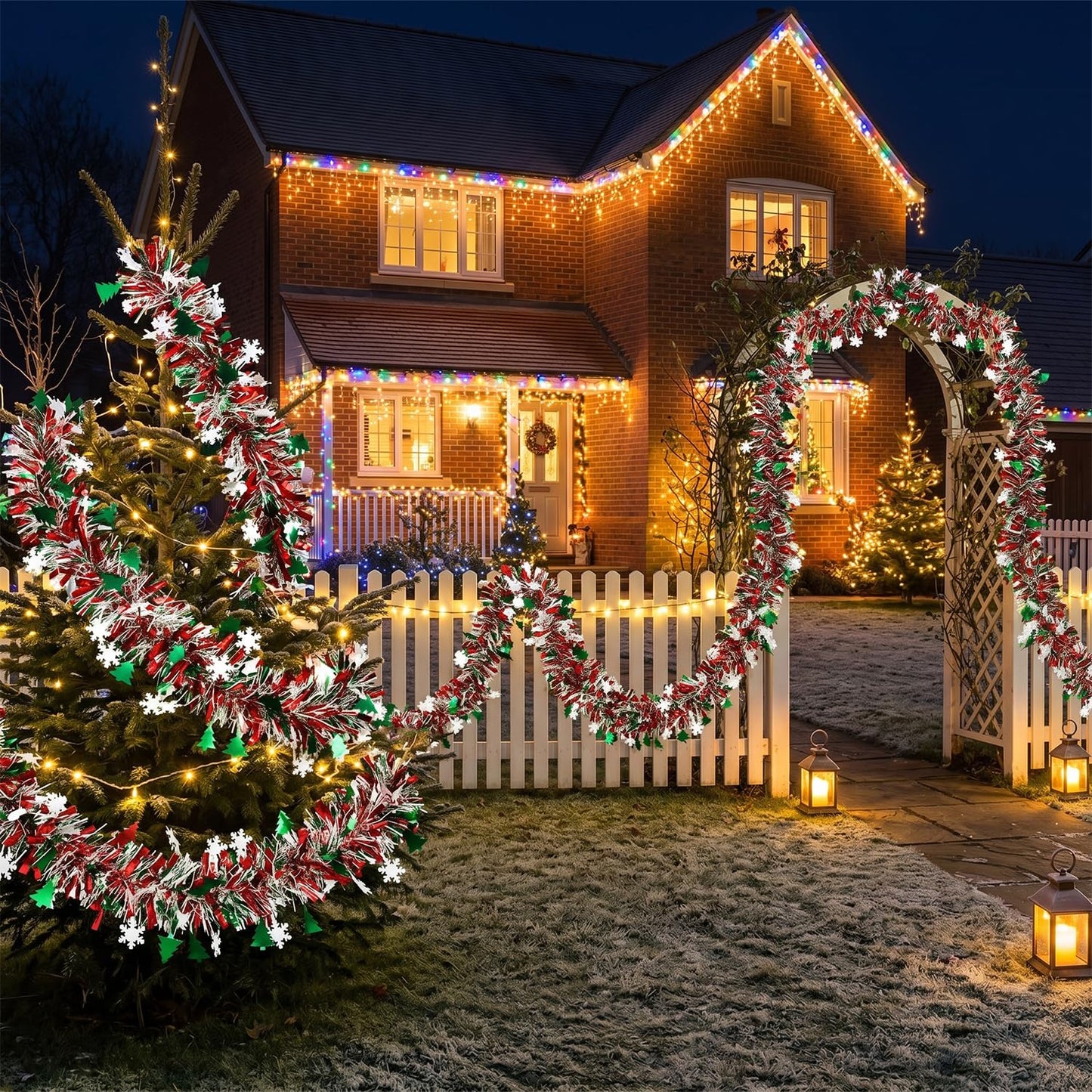 50 Feet Green Red Christmas Metallic Tinsel Twist Hanging Garland with Snowflake Xmas Tree for Home Mantle Xmas Tree Staircase Railing New Year Holiday Party Indoor Outdoor Decorations