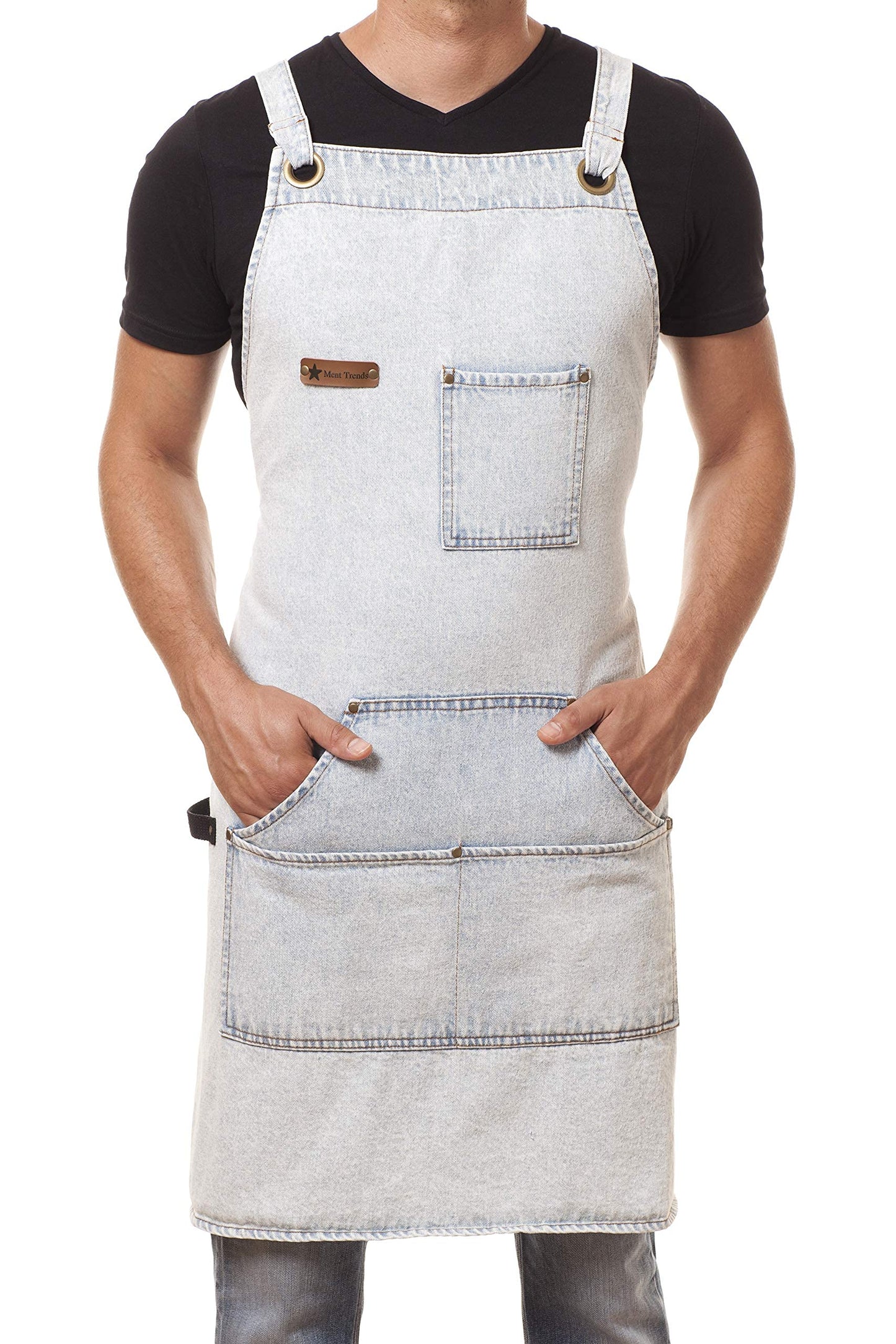ARAWAK BRAVE Distressed Denim Apron Chef Kitchen BBQ Grill Light Blue Towel Loop + Quick Release Buckle + Tool Pockets Adjustable M to XXL