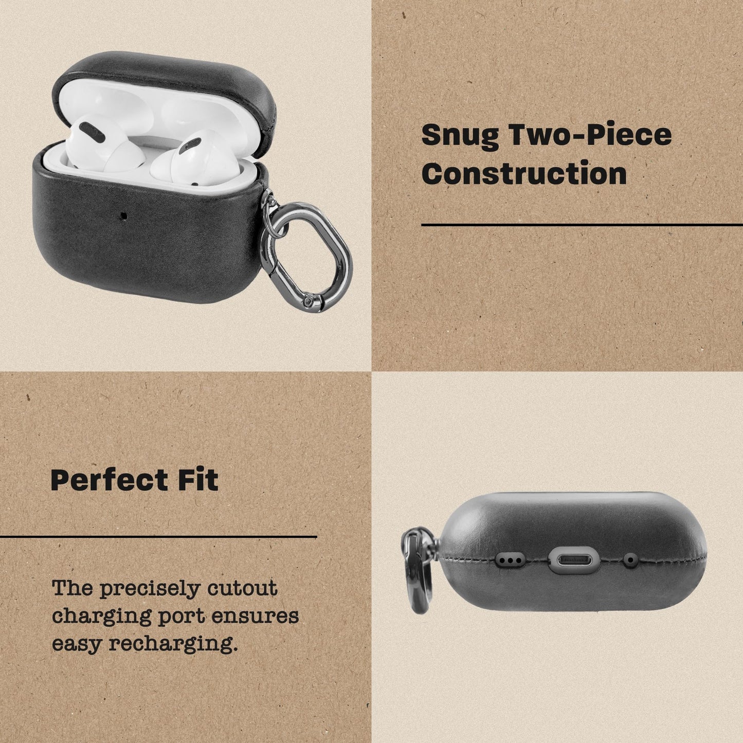 Le Pelle - Handcrafted Premium Italian Leather Case - for AirPods Pro (2nd Generation ONLY) - Two-Tone Effect with Unique Patina Over Time - Graphite Black
