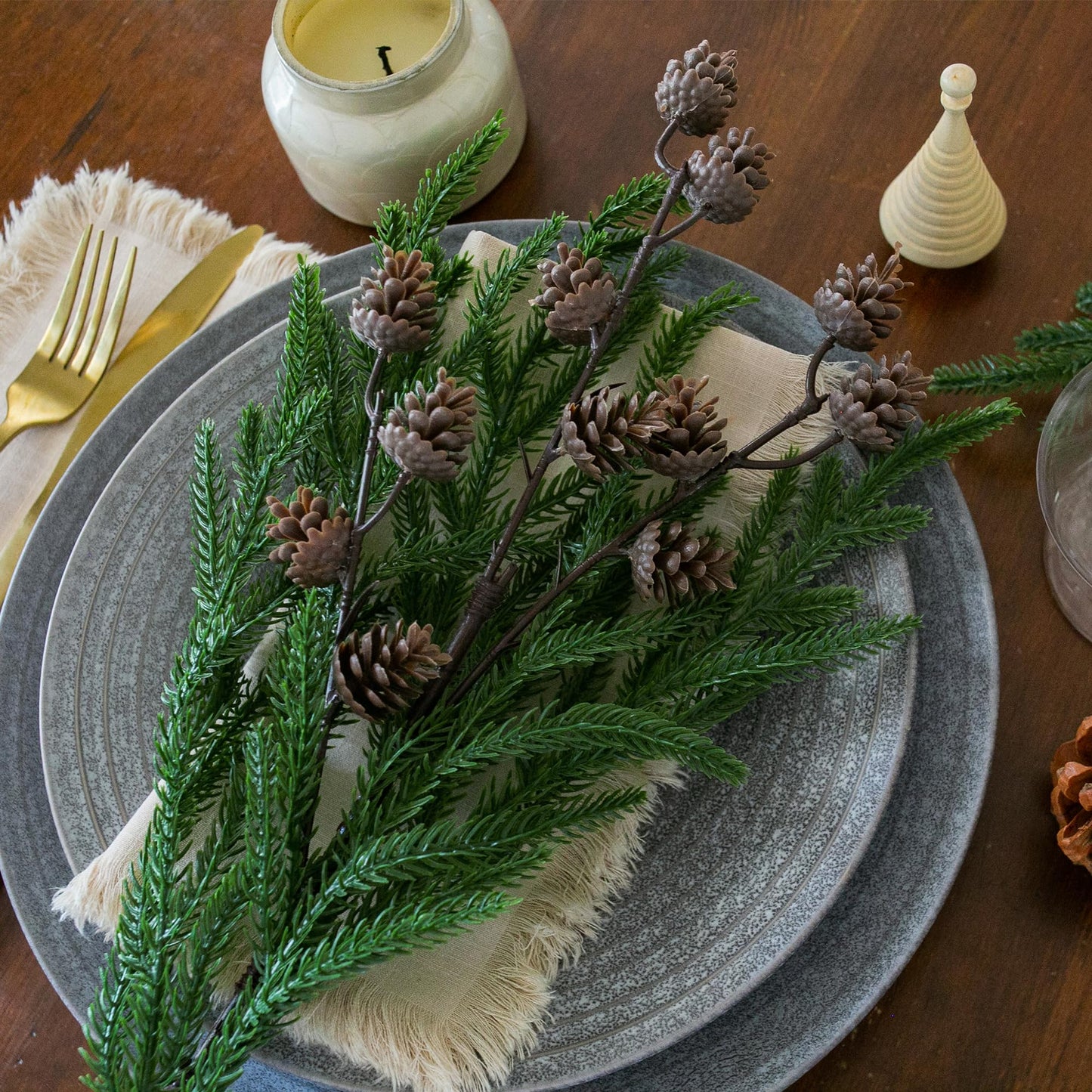 Artificial Christmas Norfolk Pine Stems Branches for Vases,12 Bundles Fake Pine Stems with 2 PCS Small Pinecones Branches Faux Evergreen Real Touch Greenery for Xmas Holiday Winter Table Indoor Decor