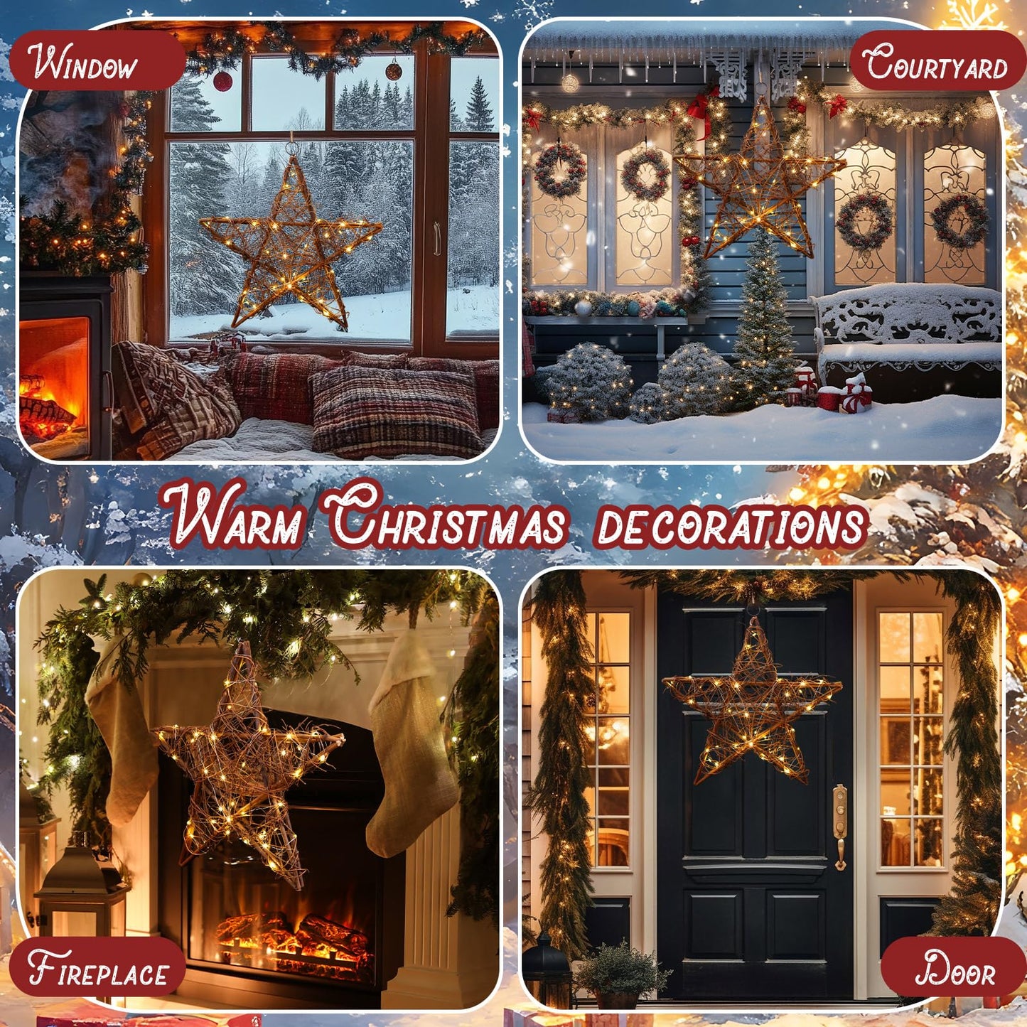Retisee 24" Extra Large Christmas Star Window Lights Rustic Rattan Hanging Star Lights Battery Operated Rattan Natural Christmas Window Decorations Lamp for Door Porch Home Xmas Tree Outdoor Indoor