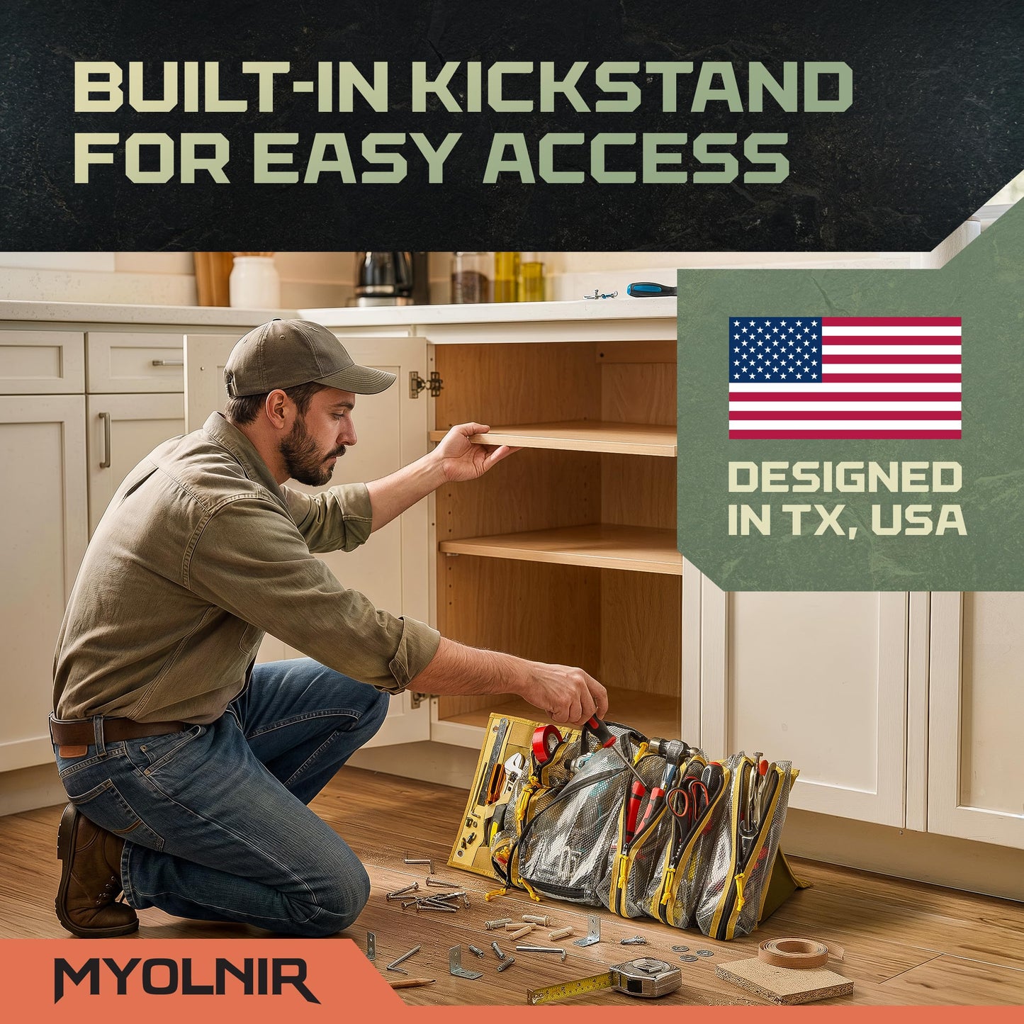 Myolnir Roll Up Tool Bag Organizer With Kickstand - Full-Size 25" Heavy Duty Tool Roll Bag - Portable Rollup Toolbag With Magnetic Panels & Transparent Pockets - Mechanic, Electrician & Tradesperson
