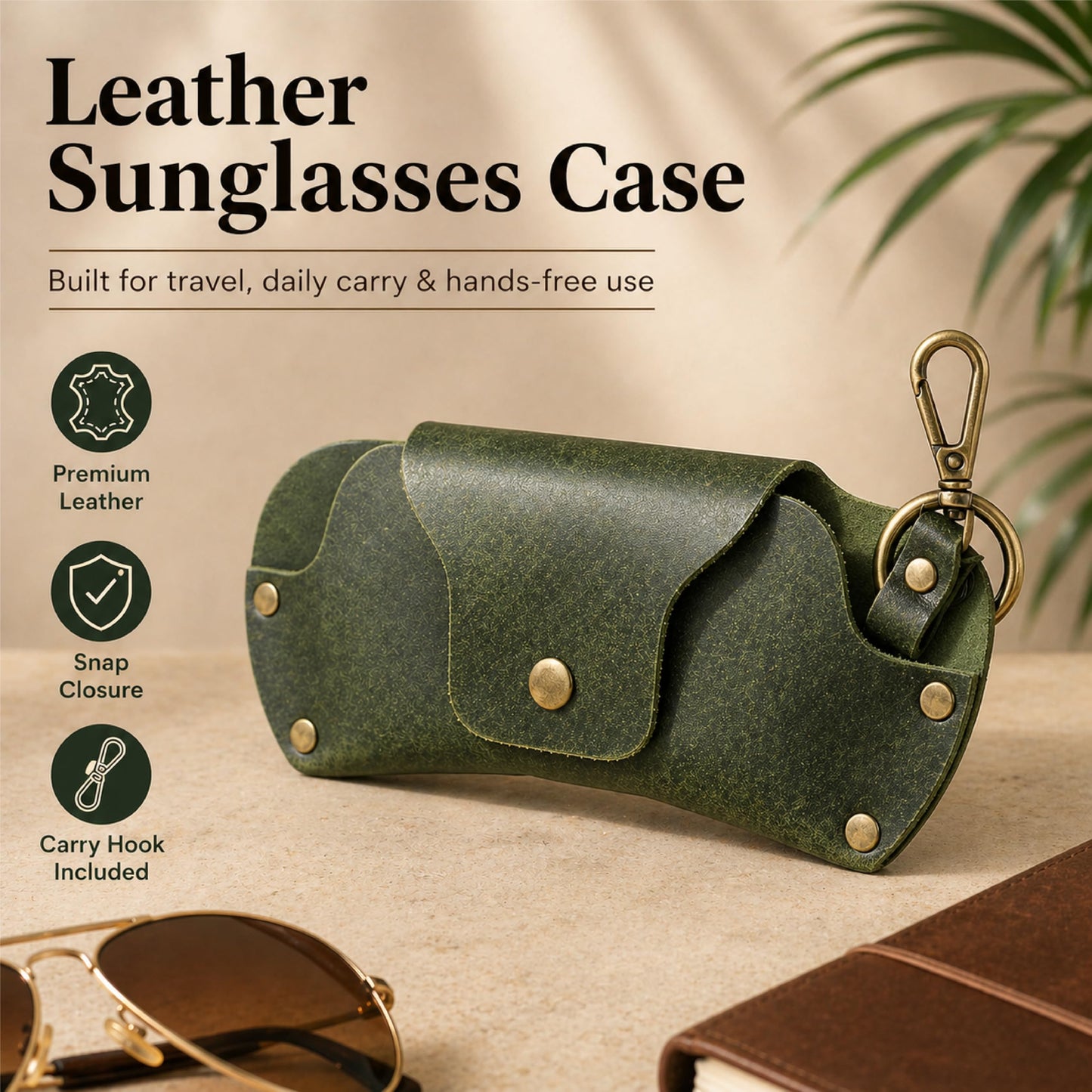 TheAntiq Green Leather Sunglasses Case with Lanyard - Handmade Eyeglass Holder with Snap Closure, Protective Travel Pouch for Glasses, Men & Women, 3 x 7