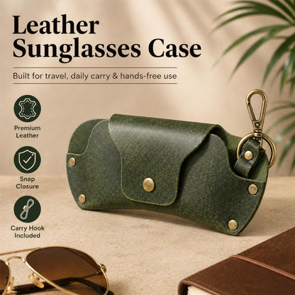 TheAntiq Green Leather Sunglasses Case with Lanyard - Handmade Eyeglass Holder with Snap Closure, Protective Travel Pouch for Glasses, Men & Women, 3 x 7