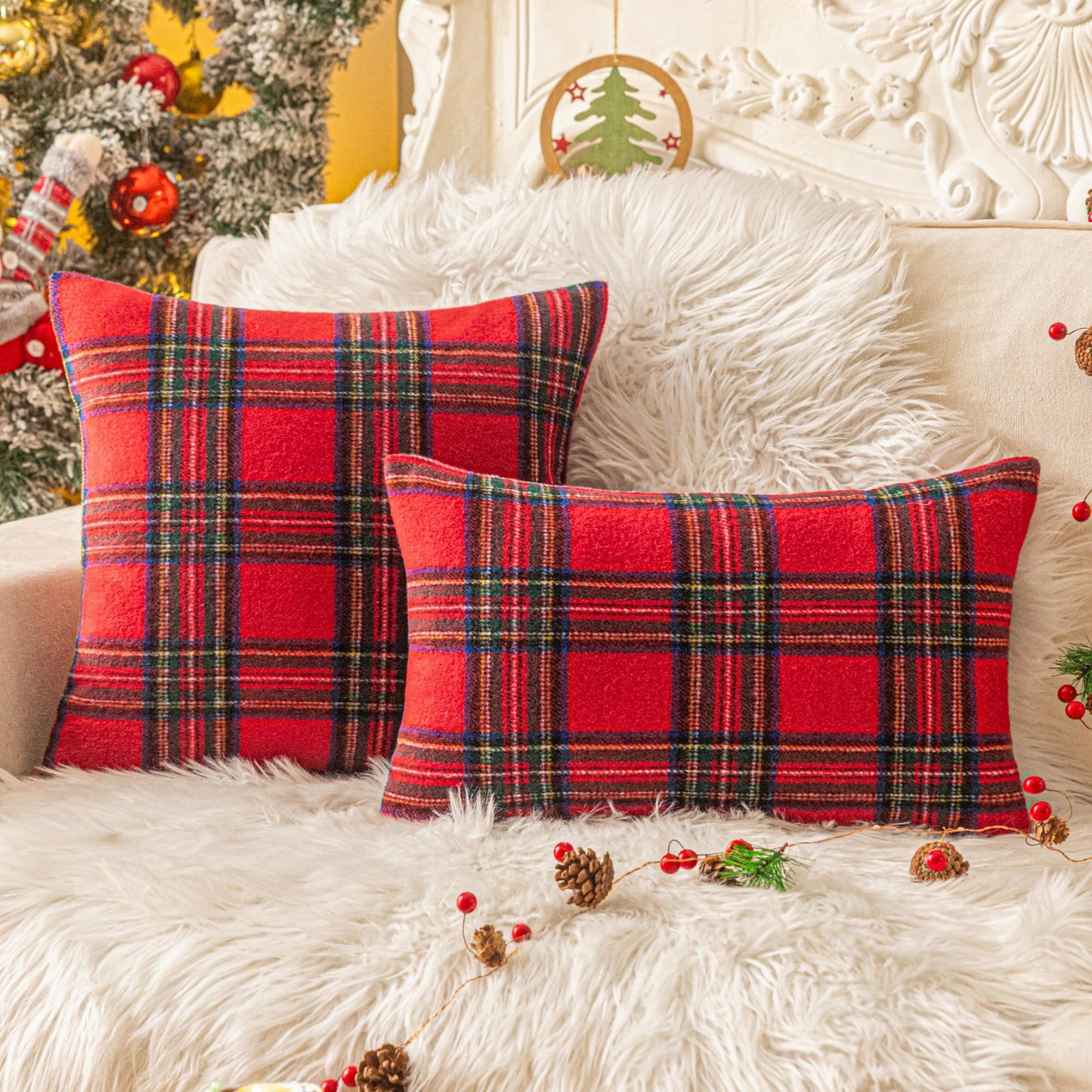 AQOTHES Christmas Plaid Throw Pillow Covers Set of 2 Scottish Tartan Winter Farmhouse Cushion Cover for Couch Sofa Bed Porch Home Holiday Decor Red 24 x 24 Inch