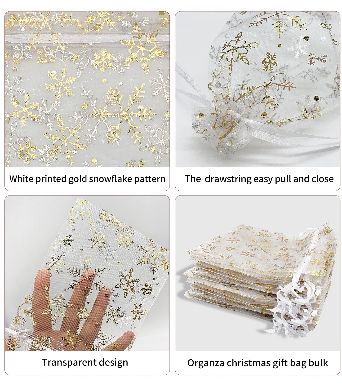 Jexila 100PCS Christmas Organza Gift Bags 5''X7'' Small Snowflake Drawstring Goodie Candy Treat Bag Mesh for Kids Christmas Holiday Party Favors