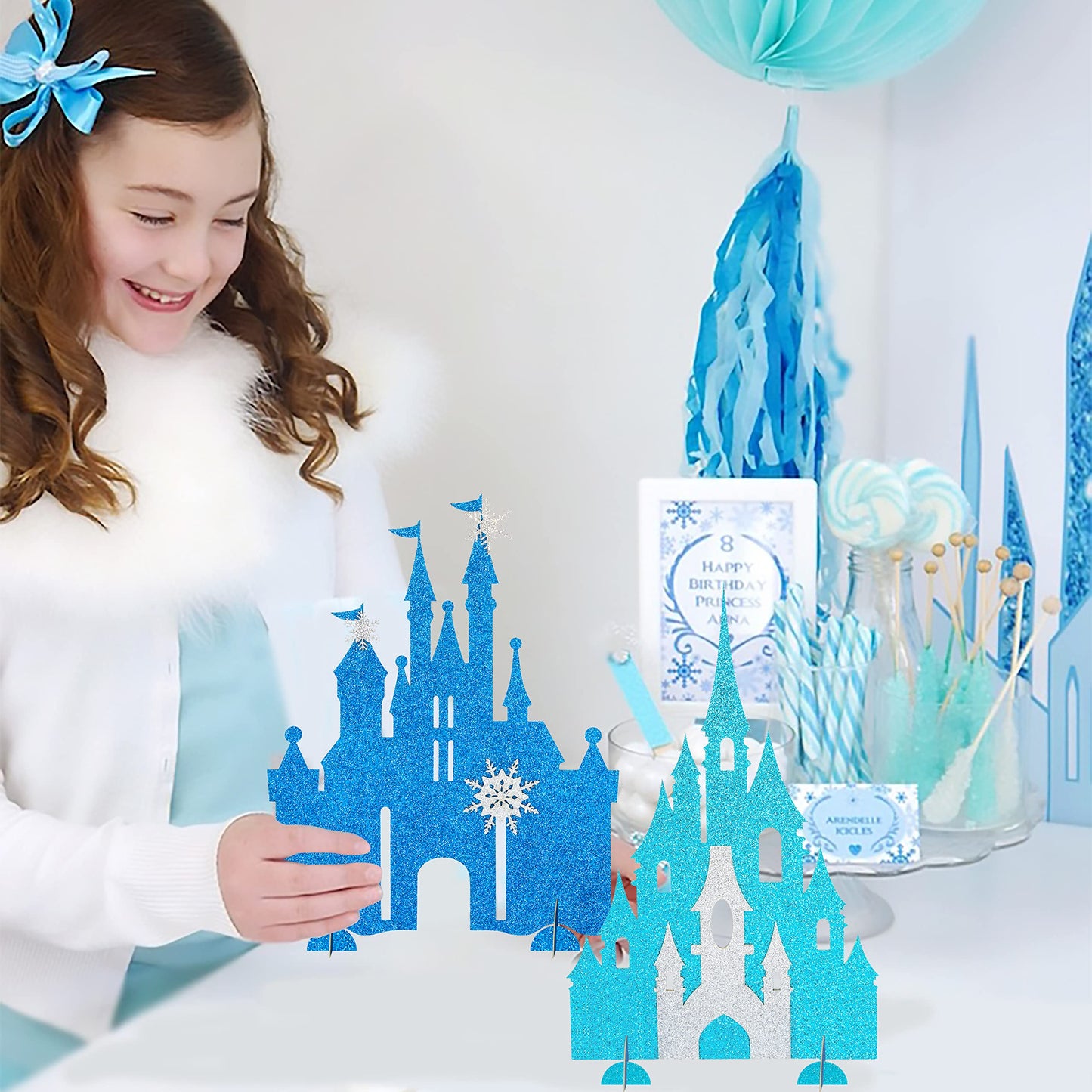 Frozen Castle Table Centerpiece Glitter Winter Themed Table Decorations for Princess Snowflake Themed Birthday Party Girls Birthday Party Supplies
