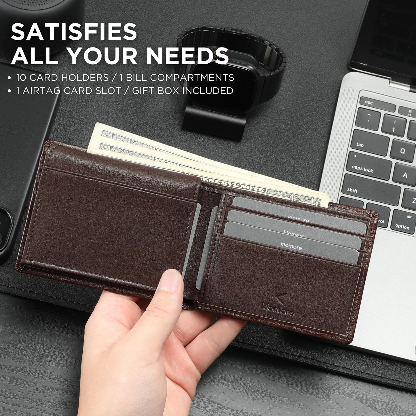 KLOMORE AirTag Chain Wallets for Men (Airtag Not Included), Sleek and Slim, RFID Blocking Genuine Leather Bifold Mens Wallet Includes ID Window Credit Card Holder with Sturdy Chain