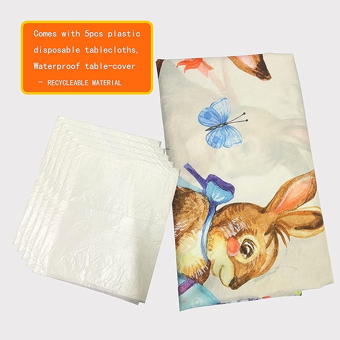 Easter Bunny Tablecloth 54"x108" Rectangle Vintage Easter Floral Butterflies Flower Leaf Egg Rabbit Fabric Table Cover for Happy Easter Spring Holiday Birthday Wedding Outdoor Picnic Party Supplies