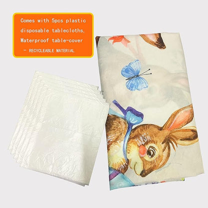 Easter Bunny Tablecloth 54"x108" Rectangle Vintage Easter Floral Butterflies Flower Leaf Egg Rabbit Fabric Table Cover for Happy Easter Spring Holiday Birthday Wedding Outdoor Picnic Party Supplies