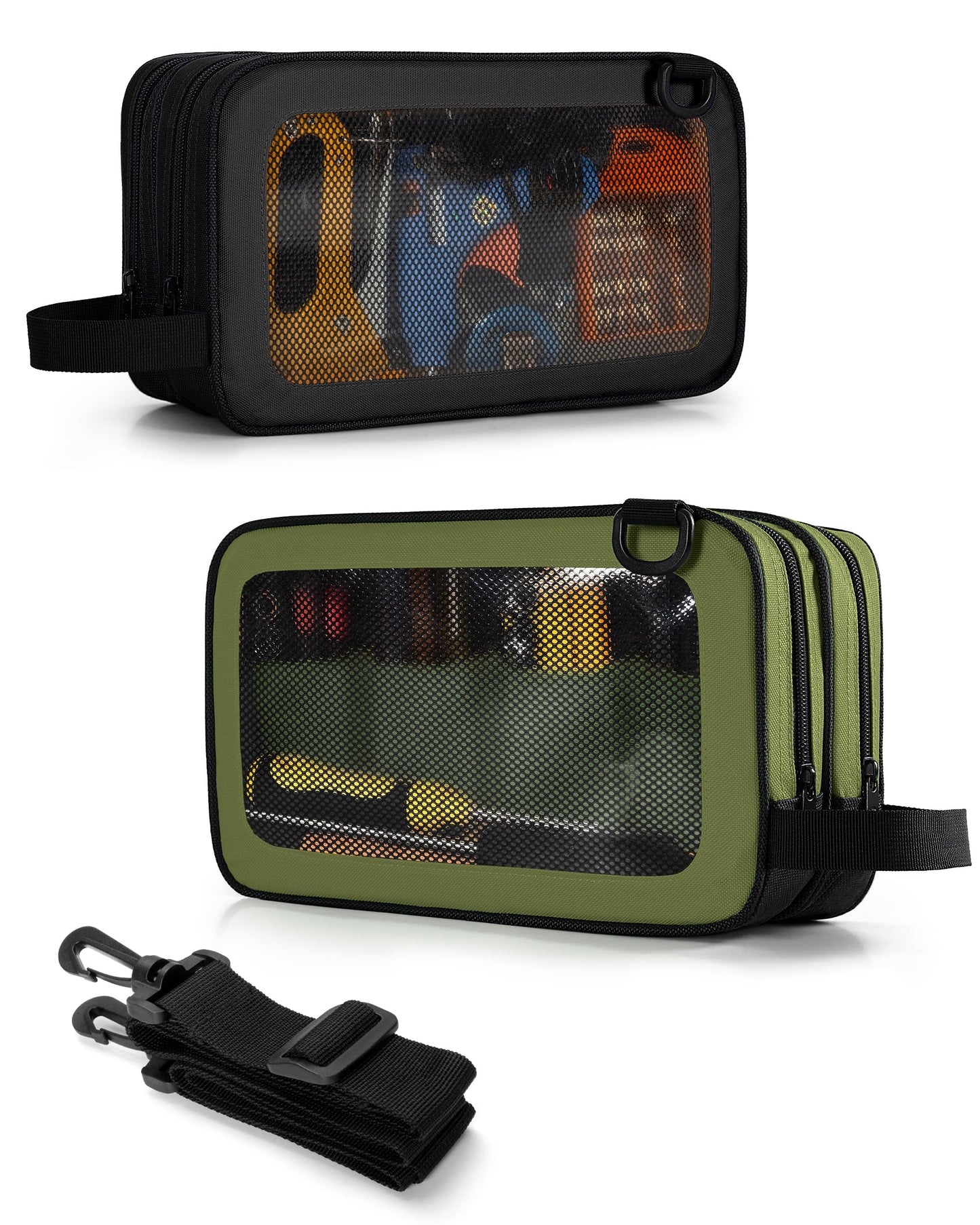 Marscamd 2 Pack Tool Pouch with Dual Compartments, 12” Tool Bag with Detachable Shoulder Strap, Carry Handle and Translucent Window, Black/Green