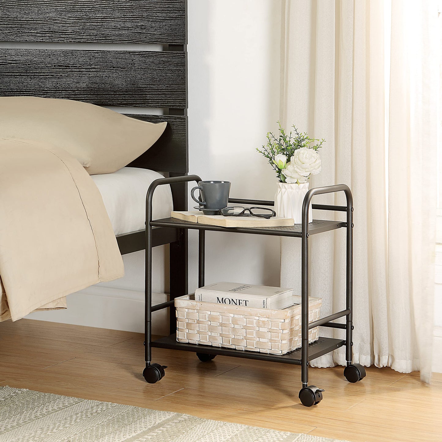 SunnyPoint 2-Tier Metal Rolling Utility Cart – Mobile Storage Shelf with Caster Wheels – Small Space Organizer for Home, Office, Bedroom, Kitchen (BLK)