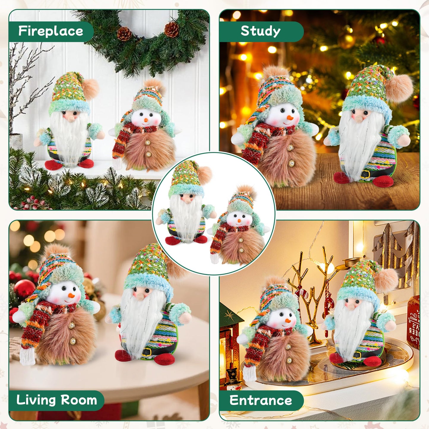 Fruasio Pastel Christmas Gnome and Snowman Set, Handcrafted Scandinavian Tomte Decor with Gradient Fur, Weighted Holiday Tabletop Decorations for Mantel Shelf Tiered Tray Winter Home Decor
