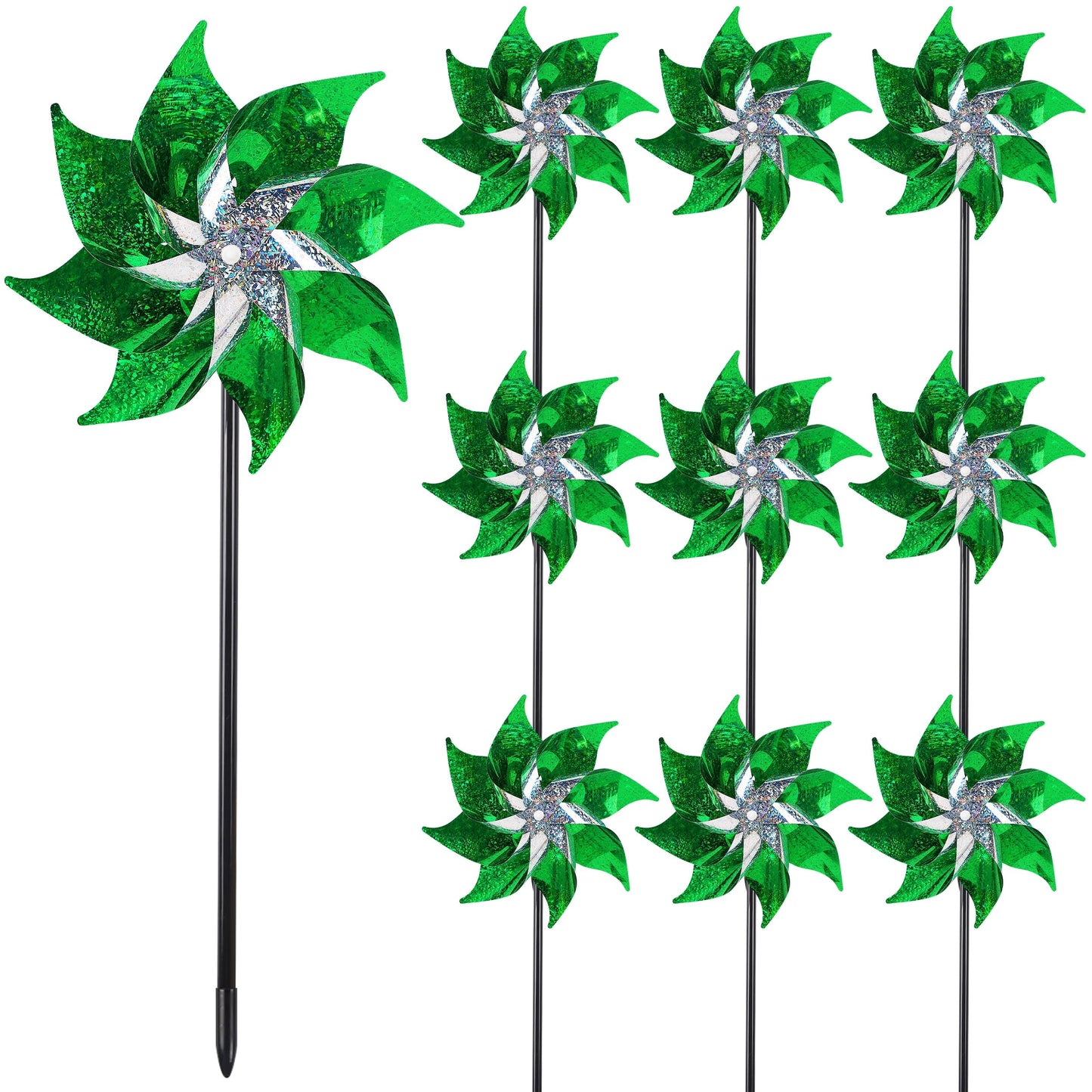 Hausse 10 Pack Reflective Pinwheels Holiday Decor (Assembly Required), Sparkly Wind Sculptures for St. Patrick's Day Decorations Party Supplies, Scare Birds Away from Garden Yard Patio Farm, Green