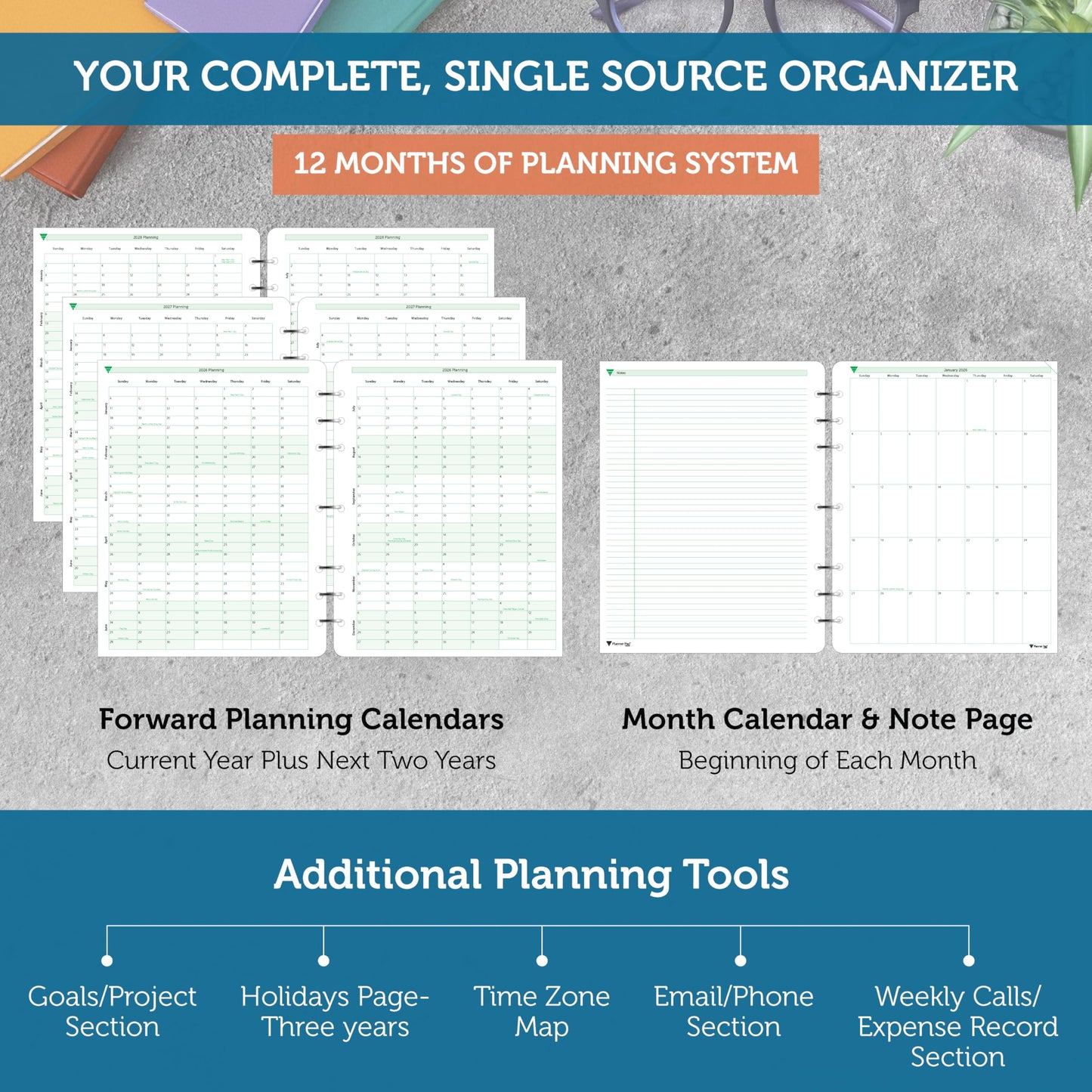 Planner Pad 7 Hole Loose Leaf January-December 2026/ Calendar Year 8 1/2" x 11" Large 3-Tier Funnel Down 12 Month Organizer, Soft Green Ink
