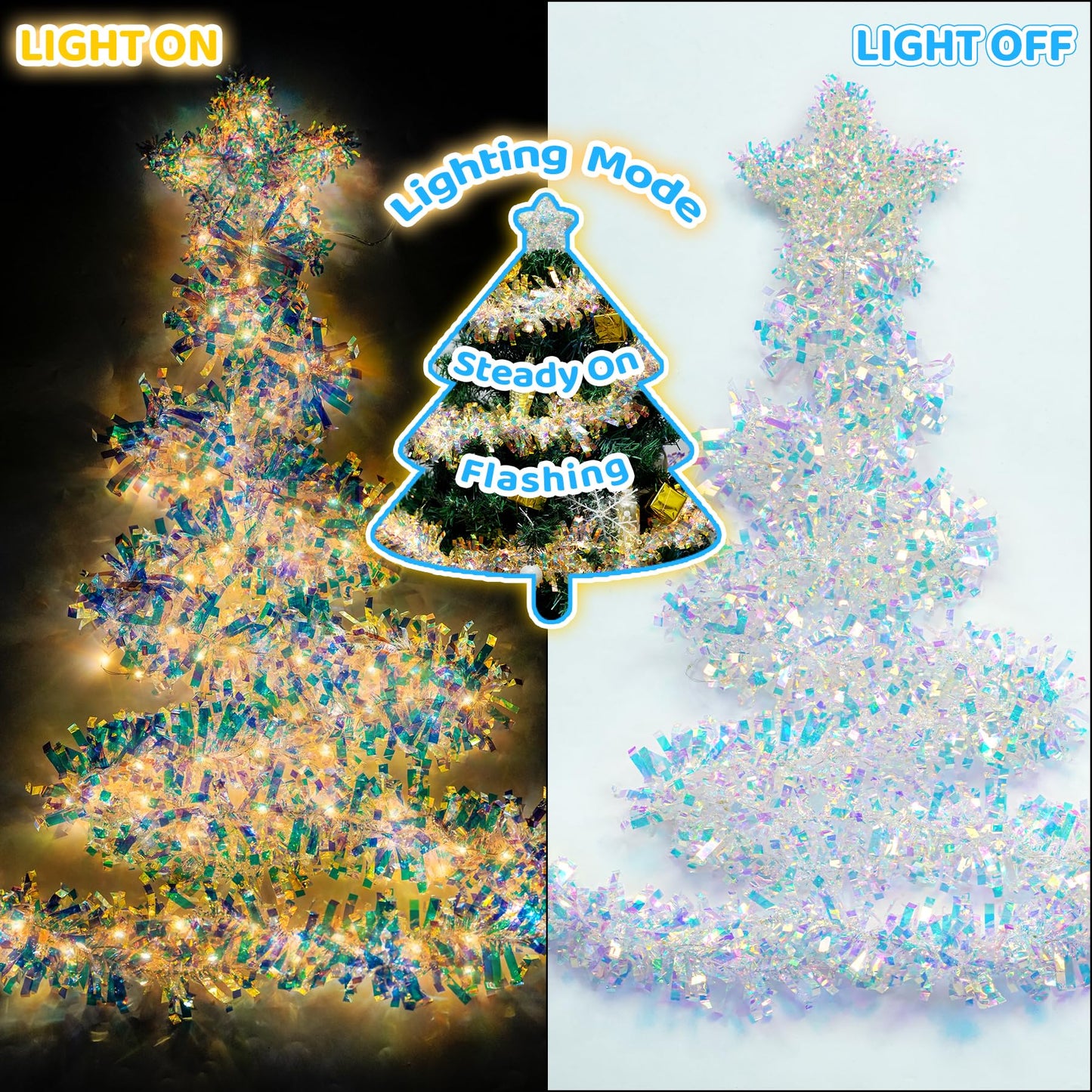 Christmas Garland with Lights, 6.5FT Iridescent Tinsel Garlands Battery Operated, Shiny Tinsel Foil Garland Indoor Hanging Home Decor, Garland for Wedding Birthday Holiday New Years Eve Party Supplies