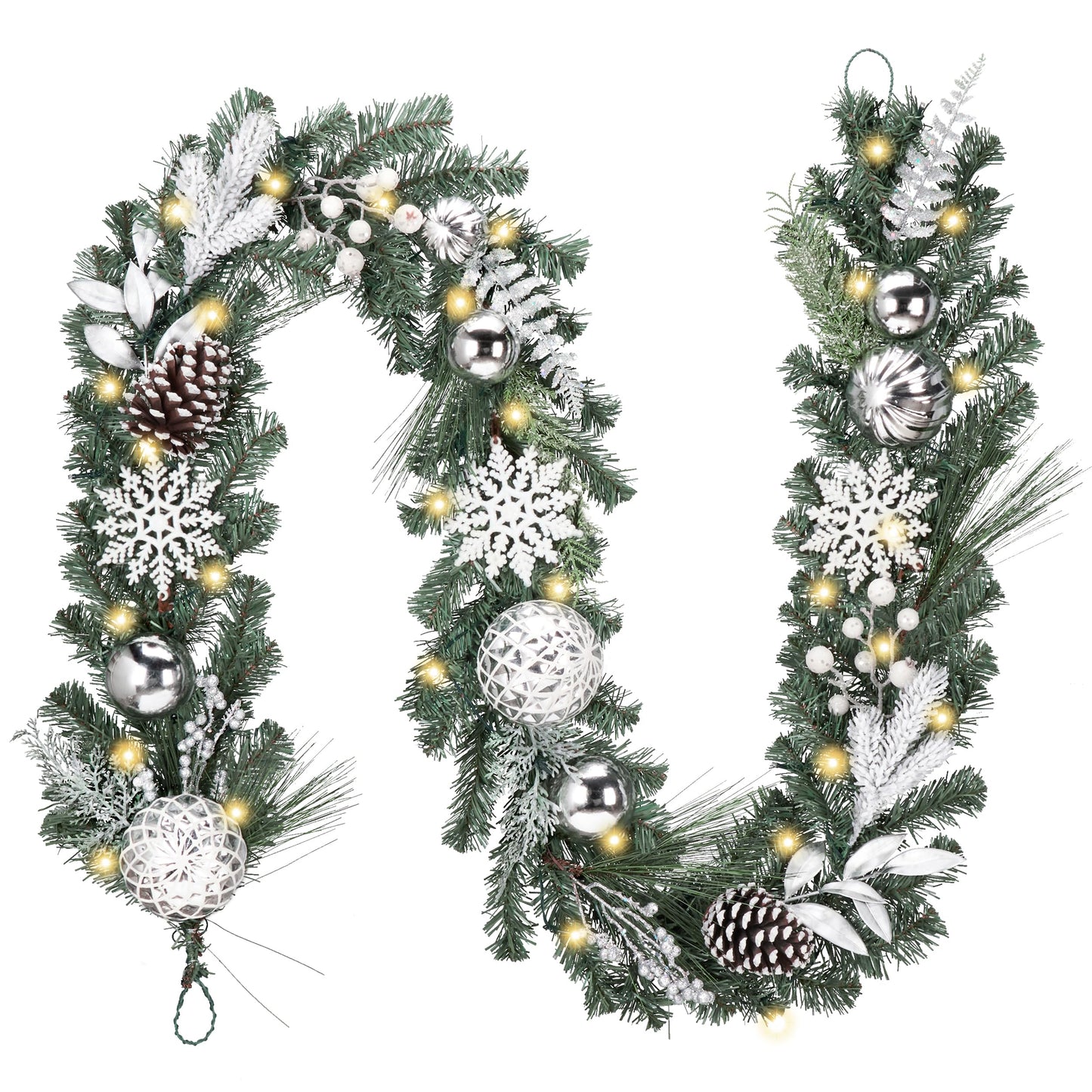 Valery Madelyn 9 Feet Pre-Lit Christmas Garland with Lights for Mantle, Lighted Outdoor Xmas Garland with Silvery White Ball Pinecones for Home Stairs Fireplace Table Centerpiece Indoor Holiday Decor