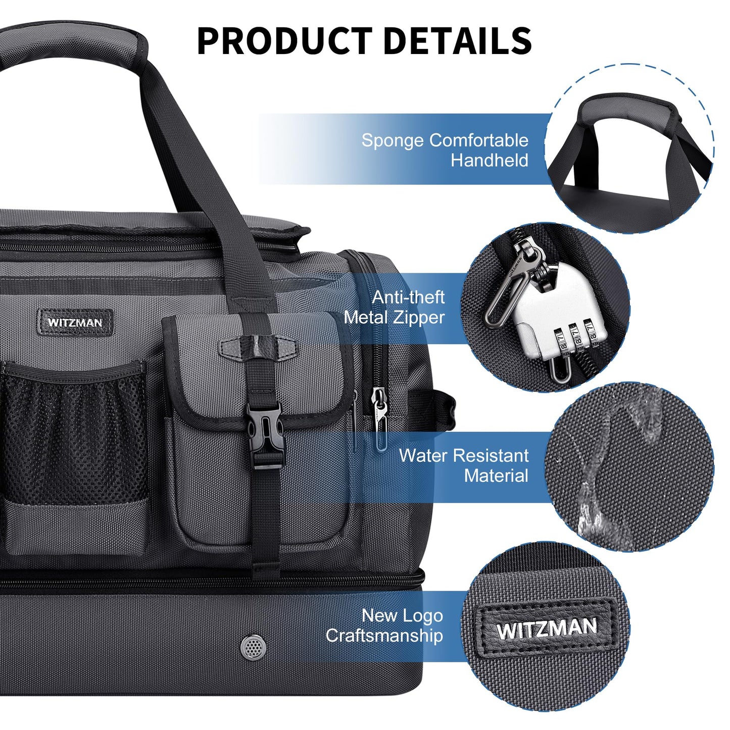 WITZMAN Duffle Bag for Men Large Carry On Travel Mens Weekender Overnight Bags with Shoes Compartment for Sports Gym(B723 Silvery Grey)