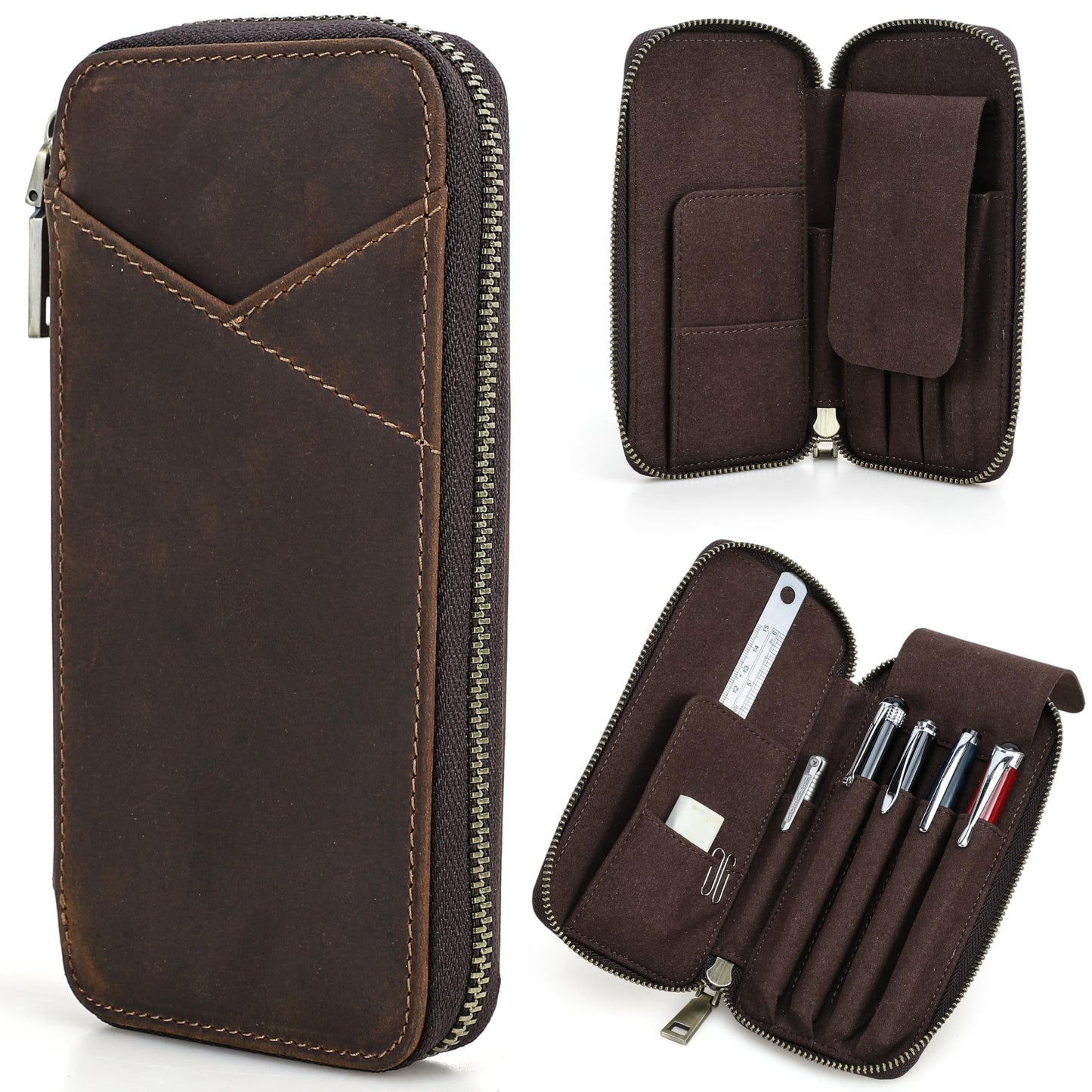 CataPurus Top Grain Genuine Leather 4 Fountain Pen/Pencil Case Pouch, Handmade Minimalist Design, Zipper Closure with Multi-Function & Slots, Gift Choice for Man/Woman/Office, Matte Coffee, 4 Slots