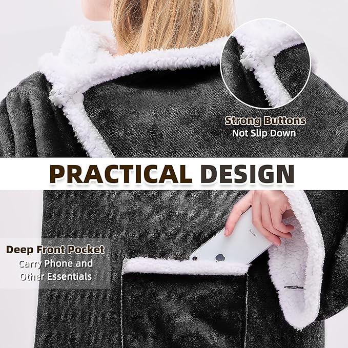 IFNOW Sherpa Wearable Blanket with Sleeves for Women Men Adults, Cozy Wearable Blanket with Arm and Pocket, Warm Full Body TV Wrap Throw Blanket, Soft Robe Blanket as Gifts for Mom Wife, Black