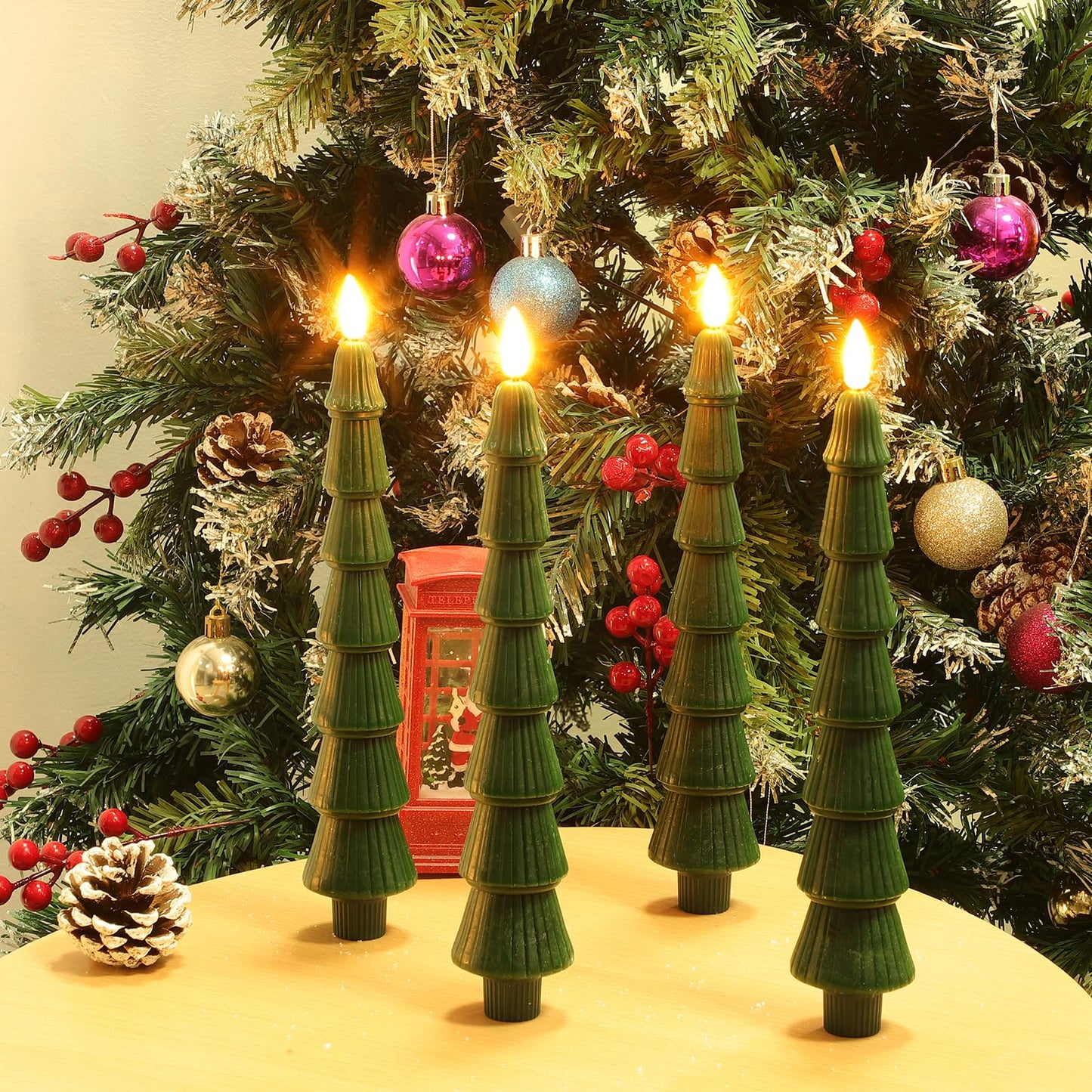 LiuSuper 4 Pack Christmas Tree LED Candles with Remote, Real Wax Flameless Taper Candles with 3D Flickering Flame, Lights Xmas Candlesticks for Christmas Home Party Decor (4 Pack Tower-Shaped)