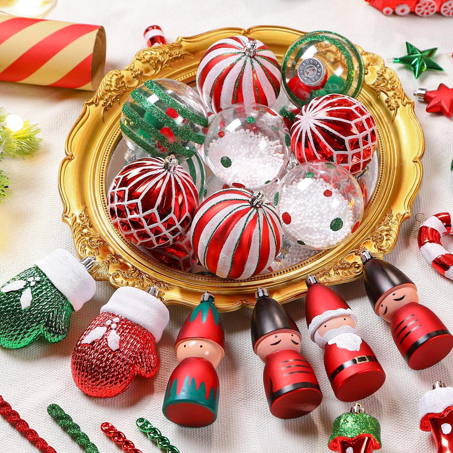 Alupssuc 95pcs Christmas Balls Ornaments Set, Shatterproof Plastic Baubles, Soldiers, Christmas Socks for Xmas Tree Holiday Wedding Party Decorations with Hanging Strings, White, Red and Green