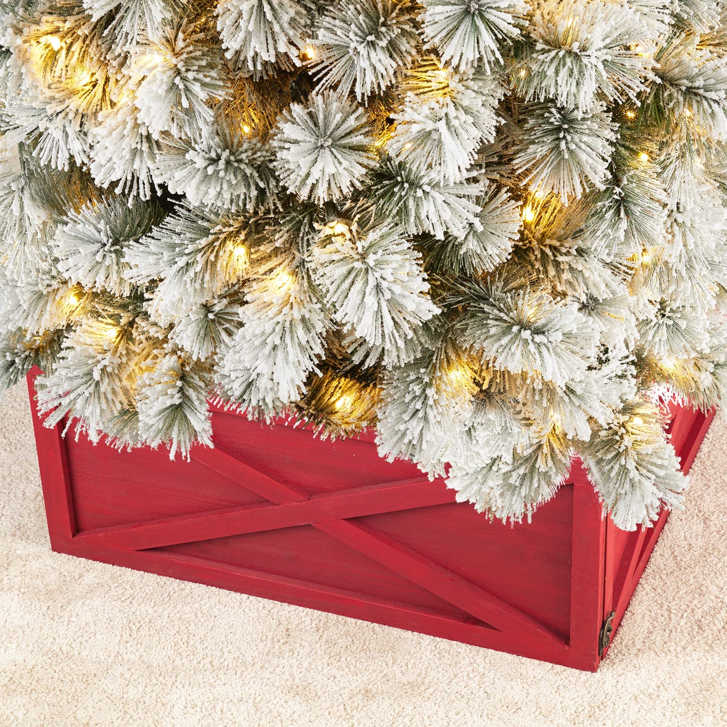 Glitzhome Wooden Box Collar Stand Cover Christmas Tree Skirt, 22" L, Red