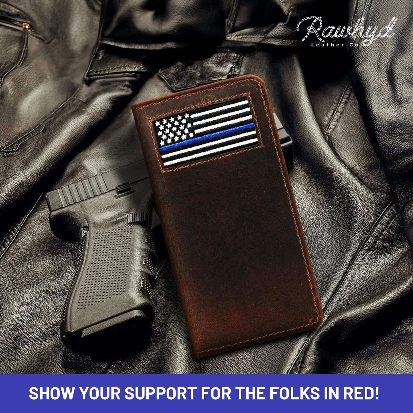 Thin Blue Line Firefighter Long Bifold Men's Wallet - Handcrafted Full Grain Leather Wallet w/ Needlepoint Art - Compact Men's Bifold Wallets w/ Multiple Card Slots for Birthday, Christmas, & More