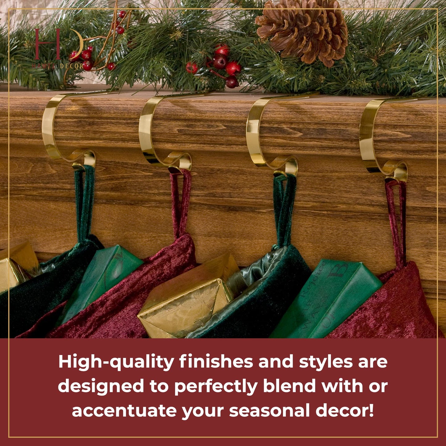 Haute Decor The Original MantleClip® Stocking Holder 4 Pack - Hang Christmas Stockings Safely and Securely from Mantels Up to 3 Inches Thick