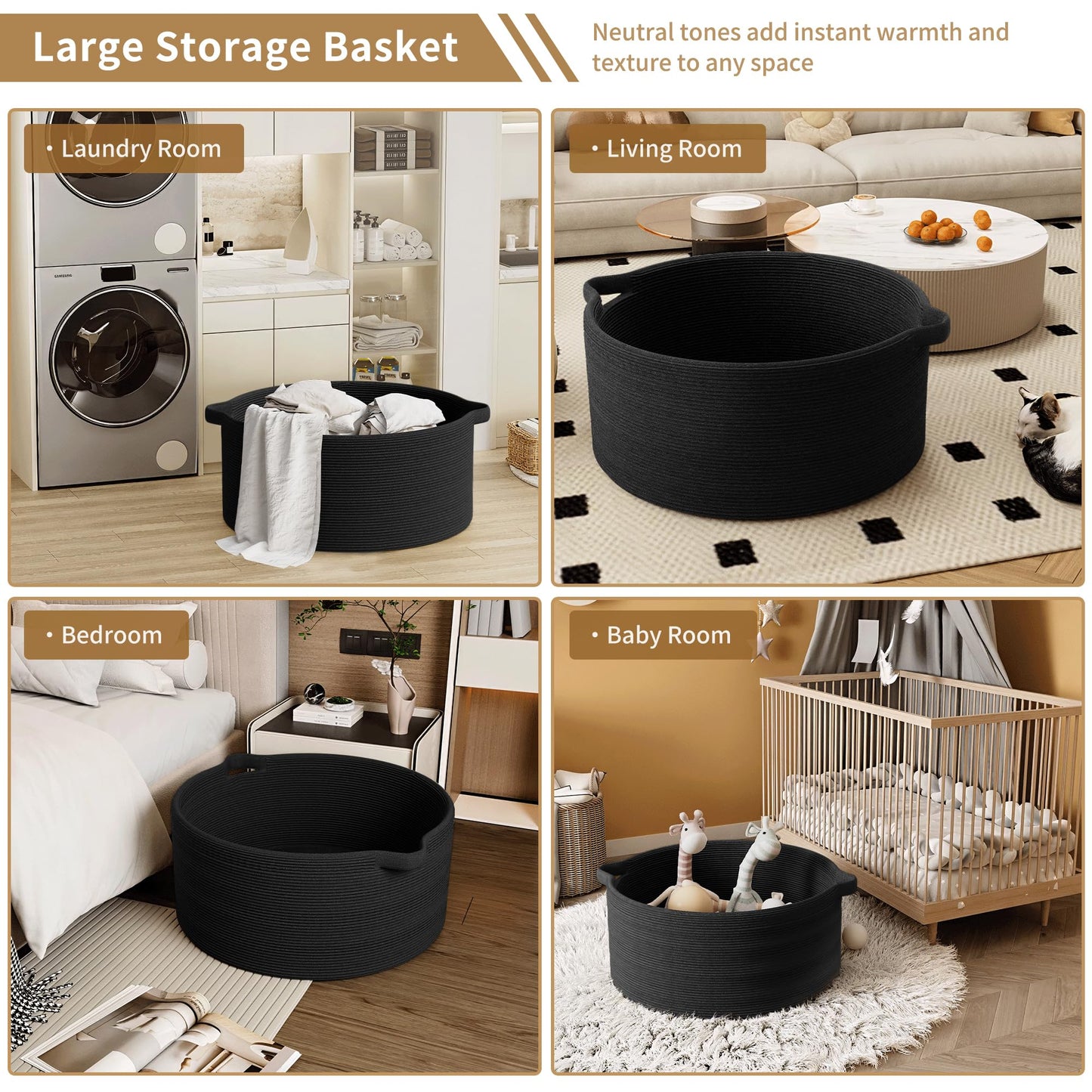 GOPAS 125L Extra Large Blanket Basket, 25" x 16", Jumbo Laundry Woven Baskets Decorative Home, Cotton Rope Basket with Handles, Baby Toy Baskets for Storage, Black