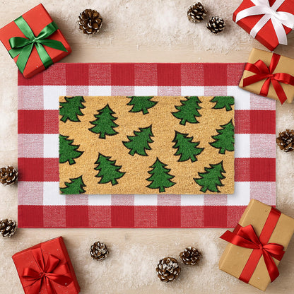 Christmas Door Mat Set 2-Piece, 17"x30" Coir Welcome Mat with Green Tree Pattern and 28"x43" Red White Plaid Rug, Layered Front Porch Combo for Holiday Entryway Outdoor Decor