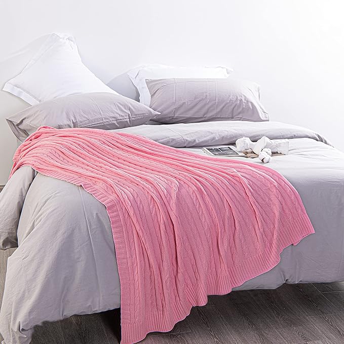 NTBAY 100% Pure Cotton Oversize (60x80) Cable Knit Throw Blanket, Super Soft Warm Knitted Throw Blanket for Bed, Sofa, Chair, Couch - Extra Cozy, Machine Washable, Comfortable Home Decor, Pink