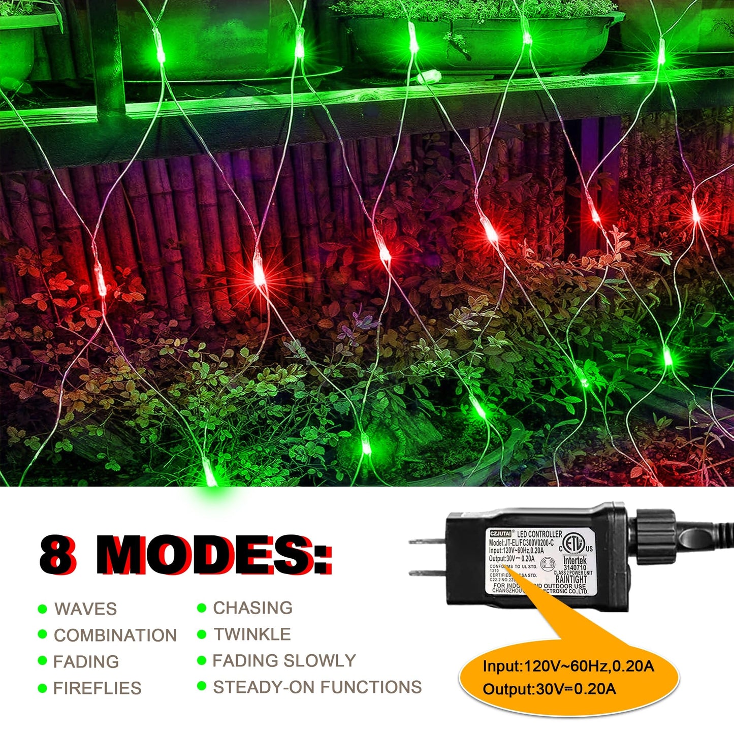 198 LED Christmas Net Lights Plug in, 9.8 FT x 6.6 FT Red Green Waterproof Net Lights Outdoor, 8 Twinkle Modes Mesh Fairy Light for Xmas Tree Bush Garden Ceiling Holiday Decoration