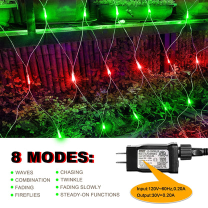 198 LED Christmas Net Lights Plug in, 9.8 FT x 6.6 FT Red Green Waterproof Net Lights Outdoor, 8 Twinkle Modes Mesh Fairy Light for Xmas Tree Bush Garden Ceiling Holiday Decoration