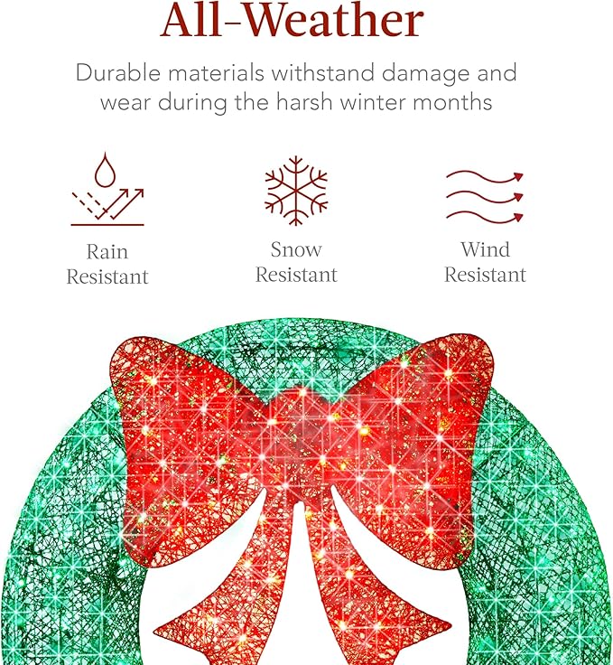 Best Choice Products 30in Pre-Lit Outdoor Christmas Wreath Decoration, LED Metal Holiday Decor for Home w/ 100 Lights, Bow - Green/Red