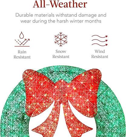 Best Choice Products 30in Pre-Lit Outdoor Christmas Wreath Decoration, LED Metal Holiday Decor for Home w/ 100 Lights, Bow - Green/Red
