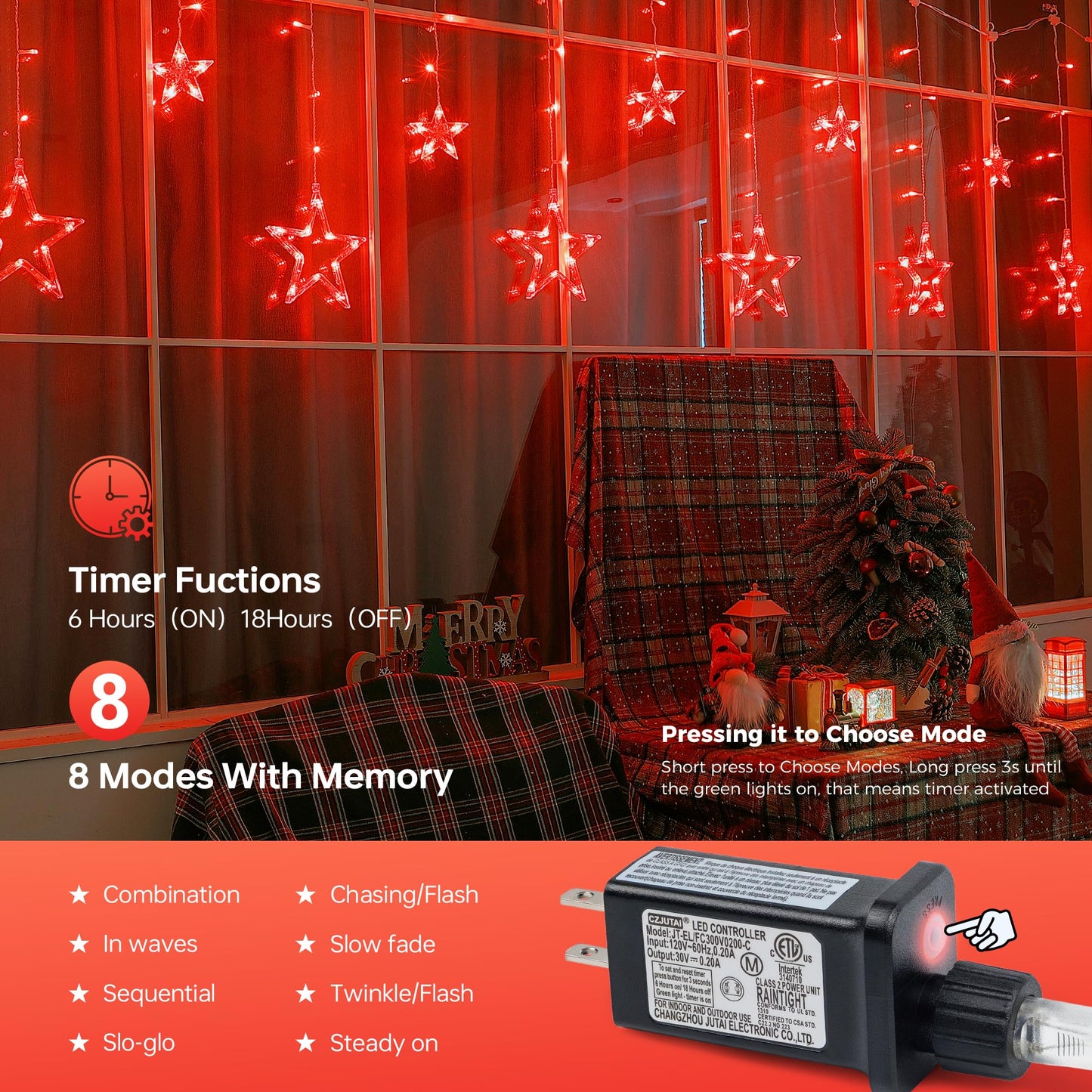 MYGOTO Red Christmas Star Icicle Lights,8.2FT 126LED Curtain String 8 Modes Memory Timer,Connectable Plug in Waterproof for Halloween/Valentine's Day/Patio/Wedding/Party/Xmas Indoor Outdoor Decor,Red