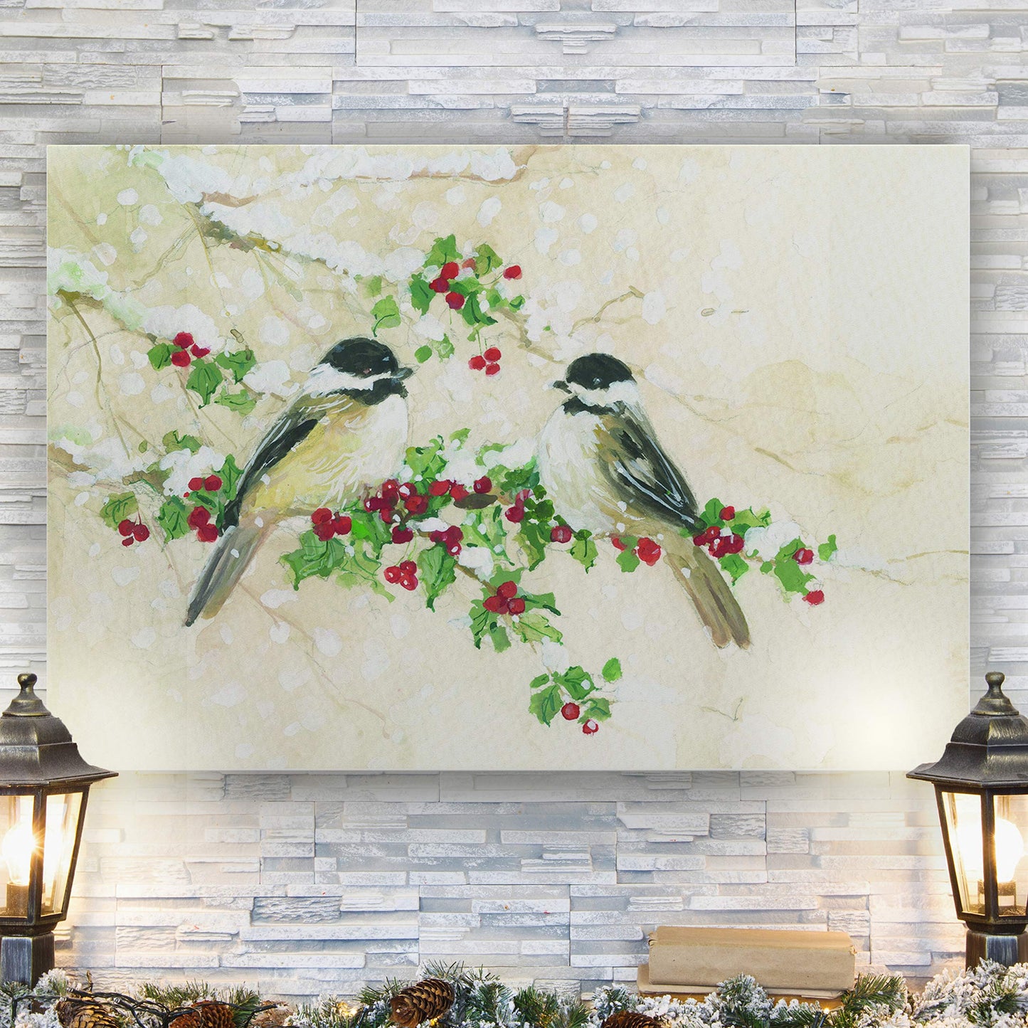 Renditions Gallery Christmas Decorations for Home Chickadees Birds and Holly Xmas Abstract Artwork Wall Hanging Paintings for Bedroom Dining Living Room Office Home Kitchen Wall Decor - 32"X48" LT18