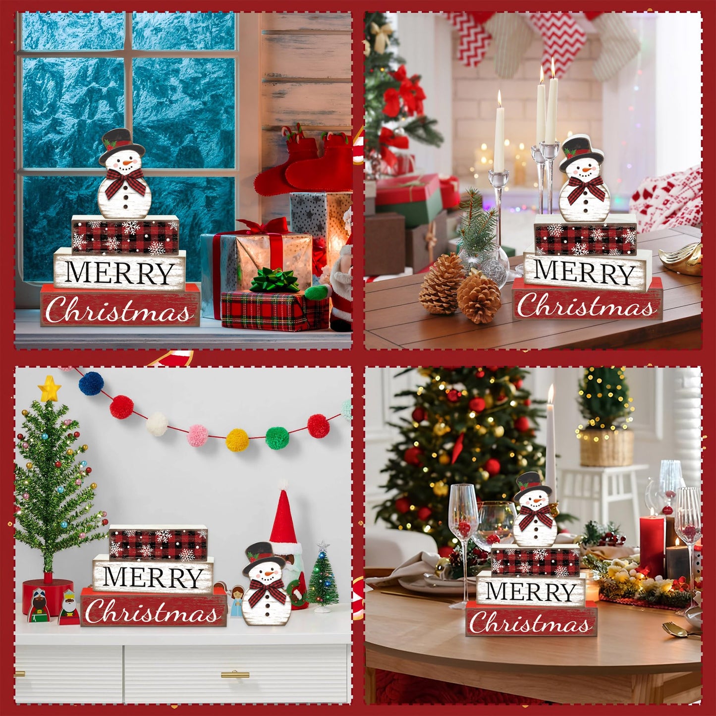 4 Pcs Christmas Table Decoration Snowman Wooden Block Merry Christmas Wood Centerpiece Xmas Red Buffalo Plaid Tabletop Sign Xmas Rustic Farmhouse Tiered Tray Decor for Winter Party Home Shelf Decor