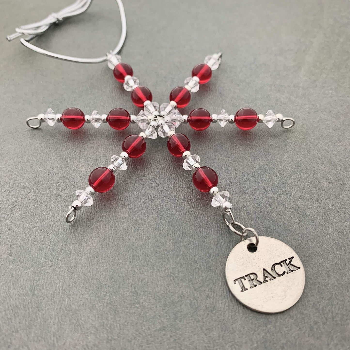 Track Round Ornament - Beaded Snowflake Christmas Ornament with Red Beads