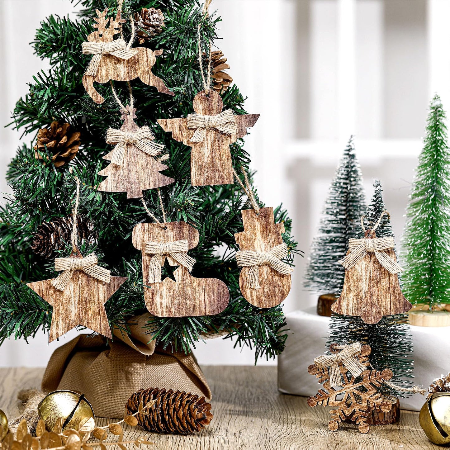 Lineshading 8 Pcs Rustic Christmas Tree Ornaments Wooden Farmhouse Ornaments Angle Snowflake Reindeer Tree Hanging Decor for Fireplace Xmas Home Office (Cute Style)