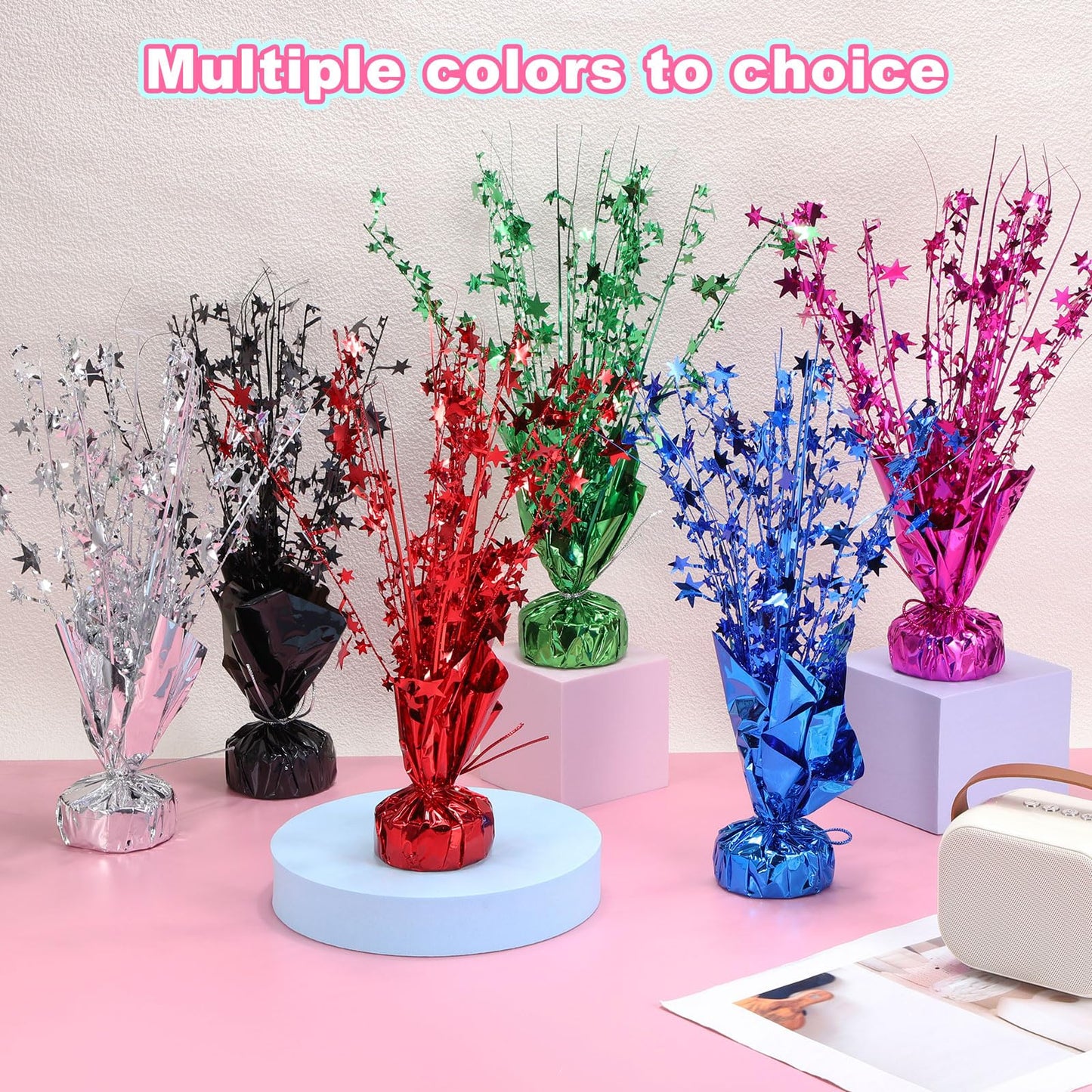 uxcell 4Pcs Metallic Foil Spray Centerpiece, 12.2" Star Table Decoration Spray Decoration for Christmas Wedding Birthday Party Graduation Celebration New Year, Black/Red/Rose Red /Blue