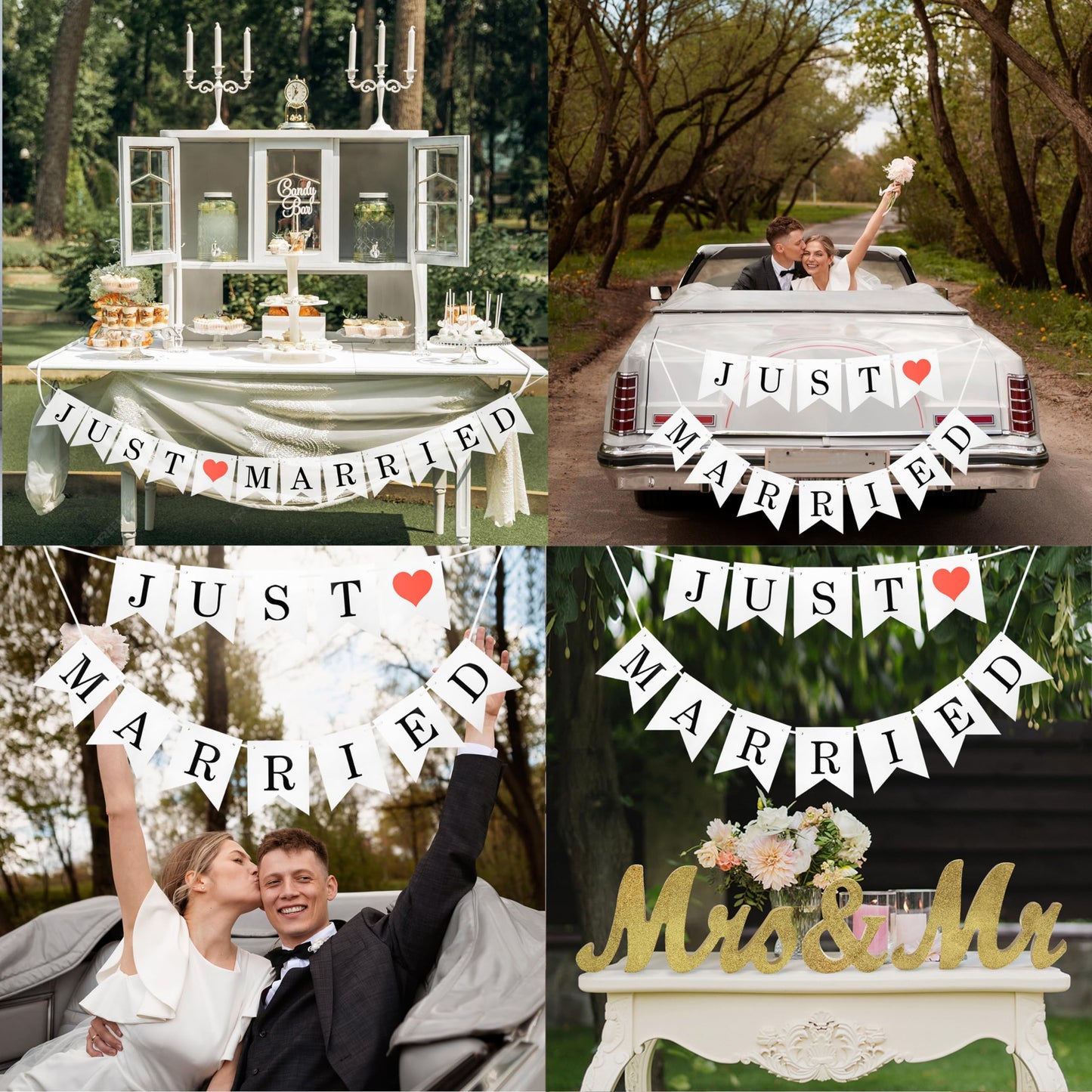 Large Golden Mr & Mrs Sign for Wedding Table with Just Married Banner - Gold Glitter Freestanding Letter Decorations for Party or Holiday - Indoor and Outdoor