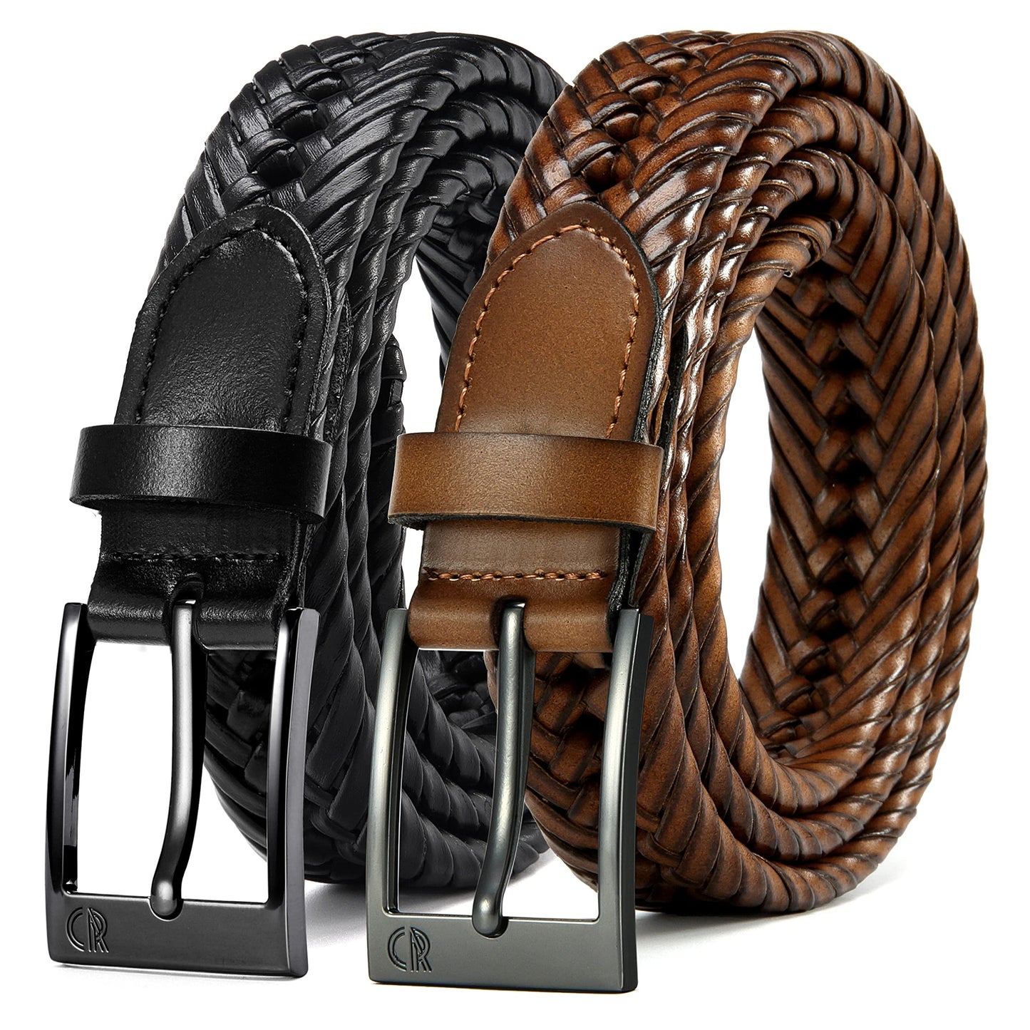 CHAOREN Leather Braided Belts for Men 2 Pack - 1 1/8" Leather Belts in Package Box - Versatile Style Solution