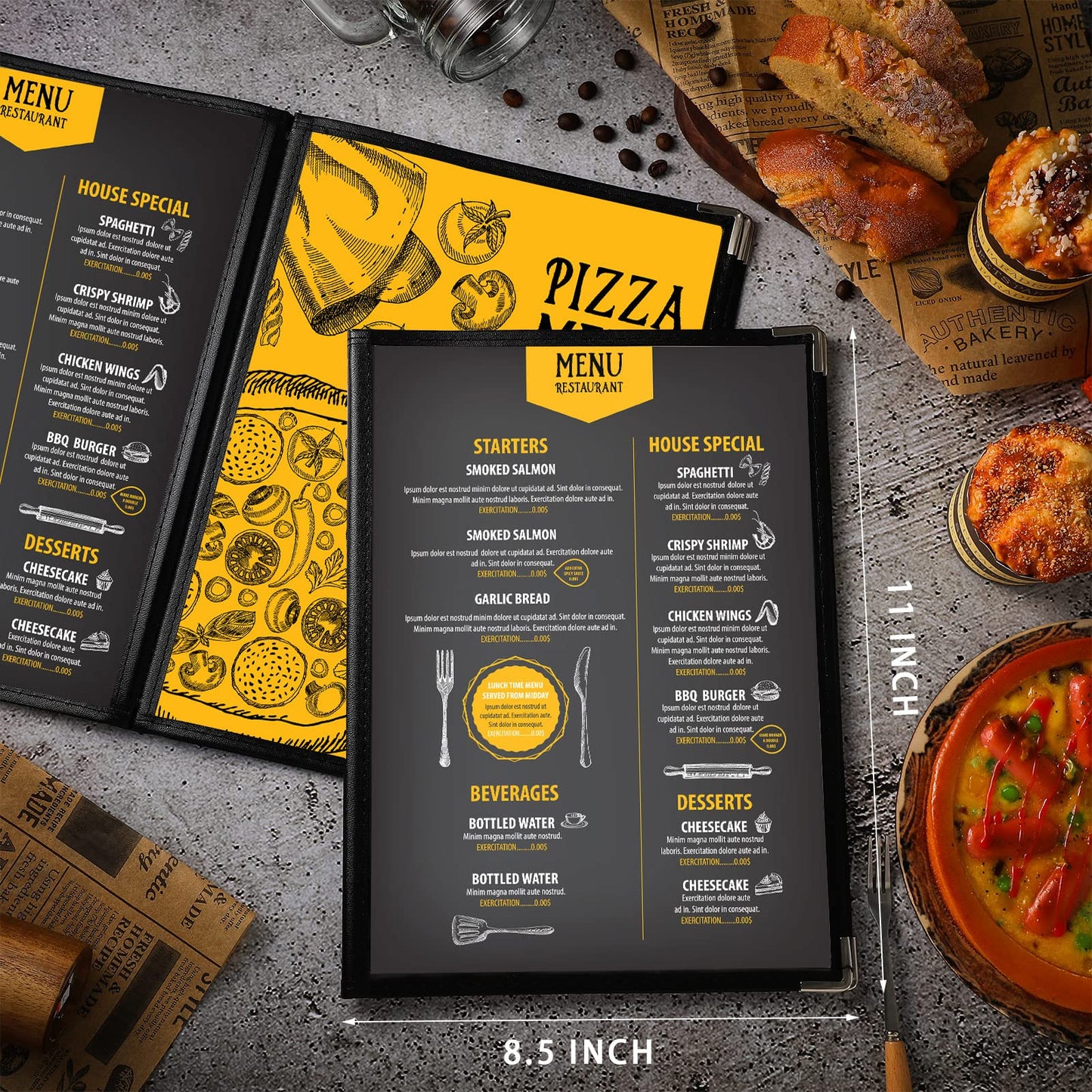 Henoyso 20 Pcs 8.5 x 11 Inch Menu Covers 4 Page 8 View Transparent Restaurant Covers Book Fits A4 Size Paper, Bar Cafe Clear Menu Holder Folder with Leatherette Trim and Decorative Corners, Black